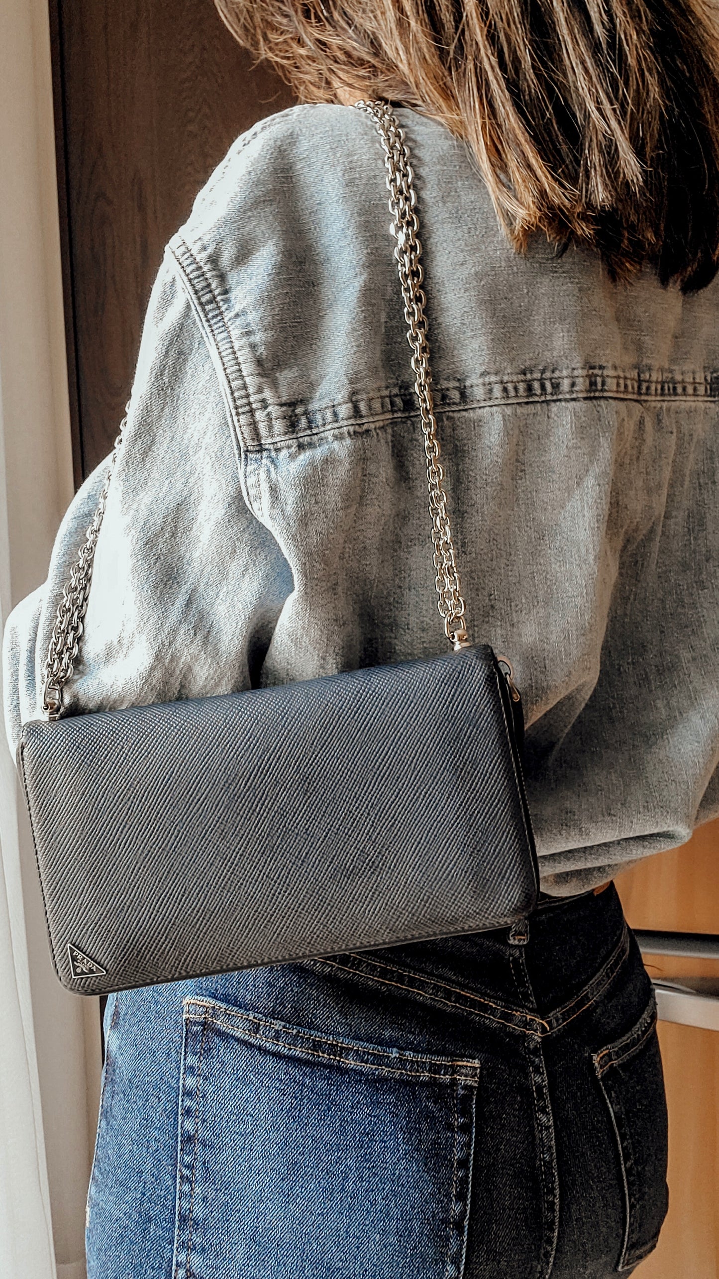 Authentic Prada Upcycle Dark Navy Large Zip-Up Wallet on Chain