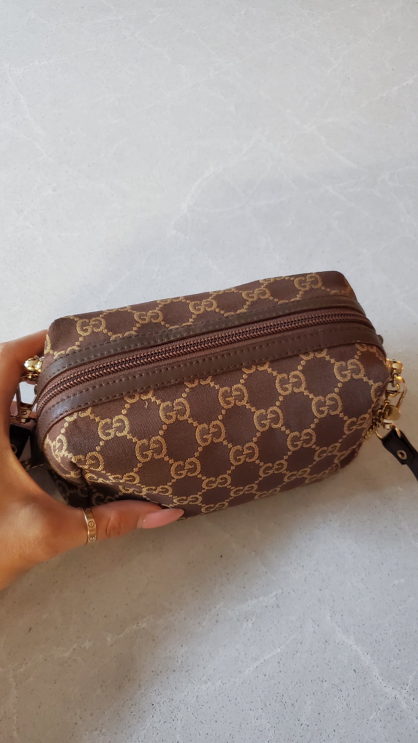 Authentic Vintage Gucci Upcycle Brown Fabric Pouch on Chain & Strap