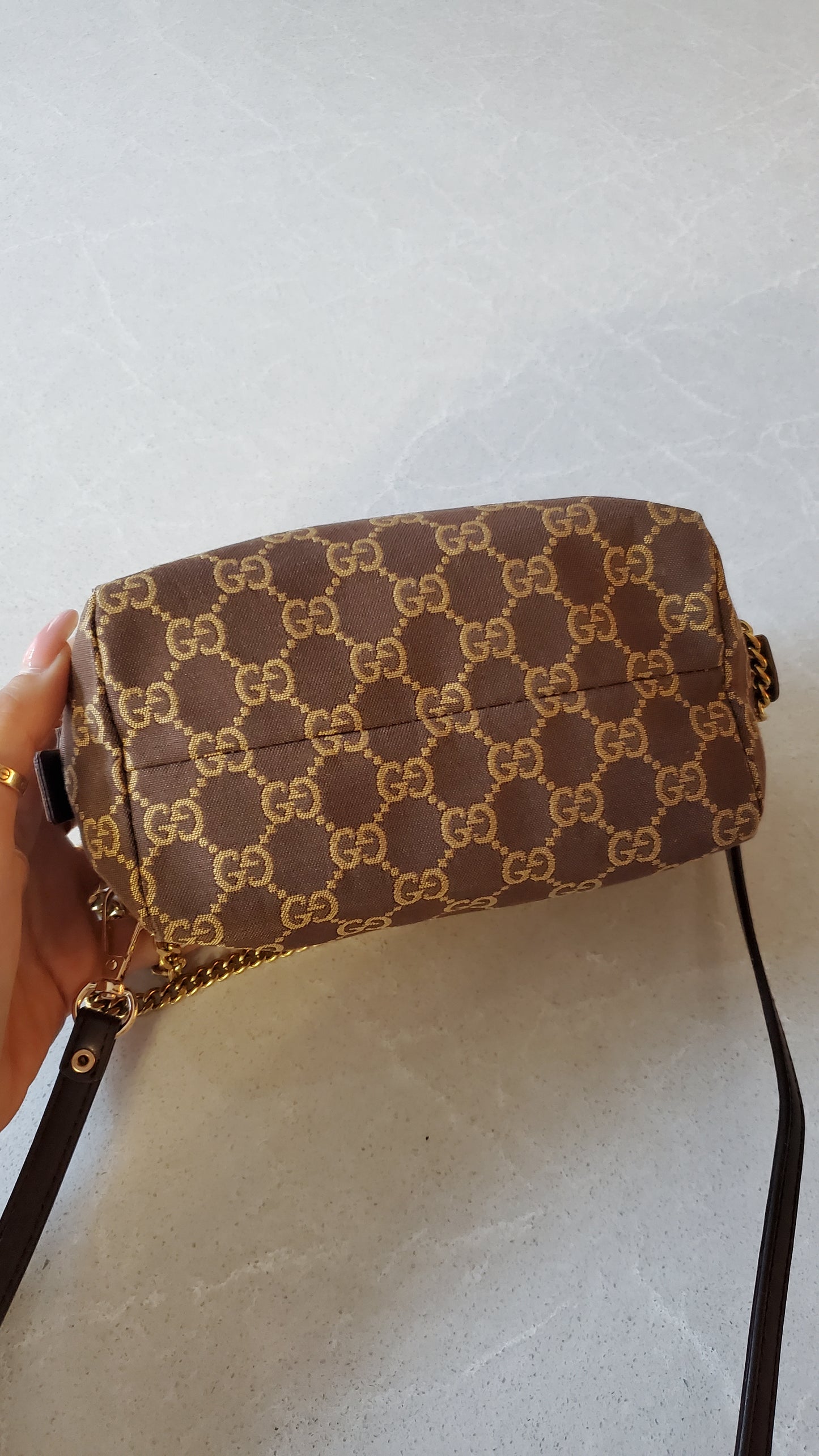Authentic Vintage Gucci Upcycle Brown Fabric Pouch on Chain & Strap