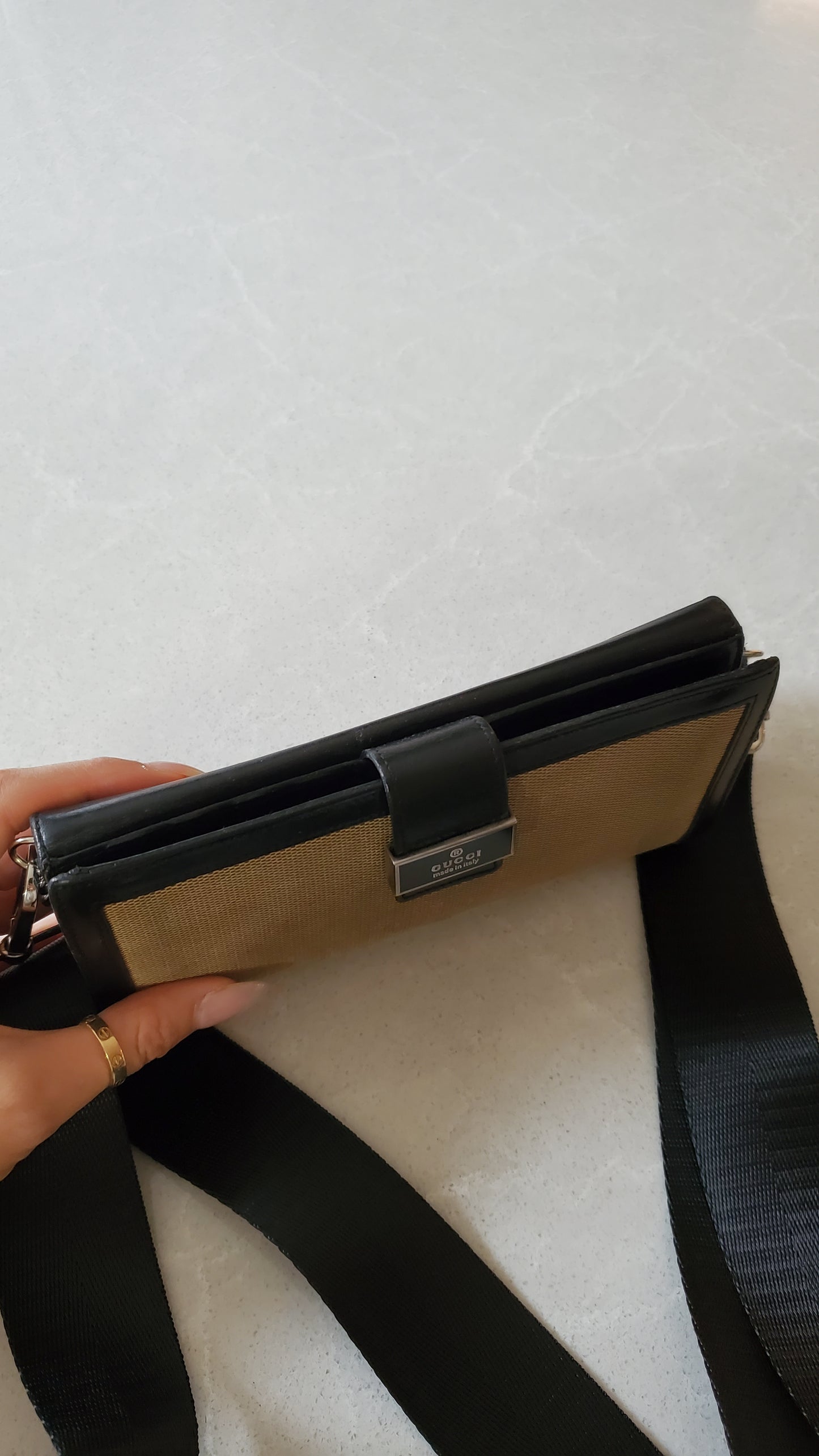 Authentic Gucci Upcycle Black/ Fabric Canvas Long Wallet on Strap & Chain