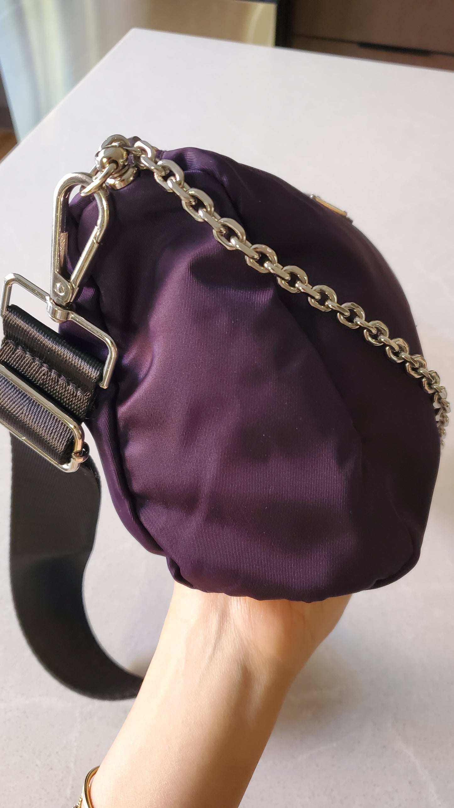 Authentic Prada Upcycle Purple Nylon Medium Size Pouch on Chain & Strap