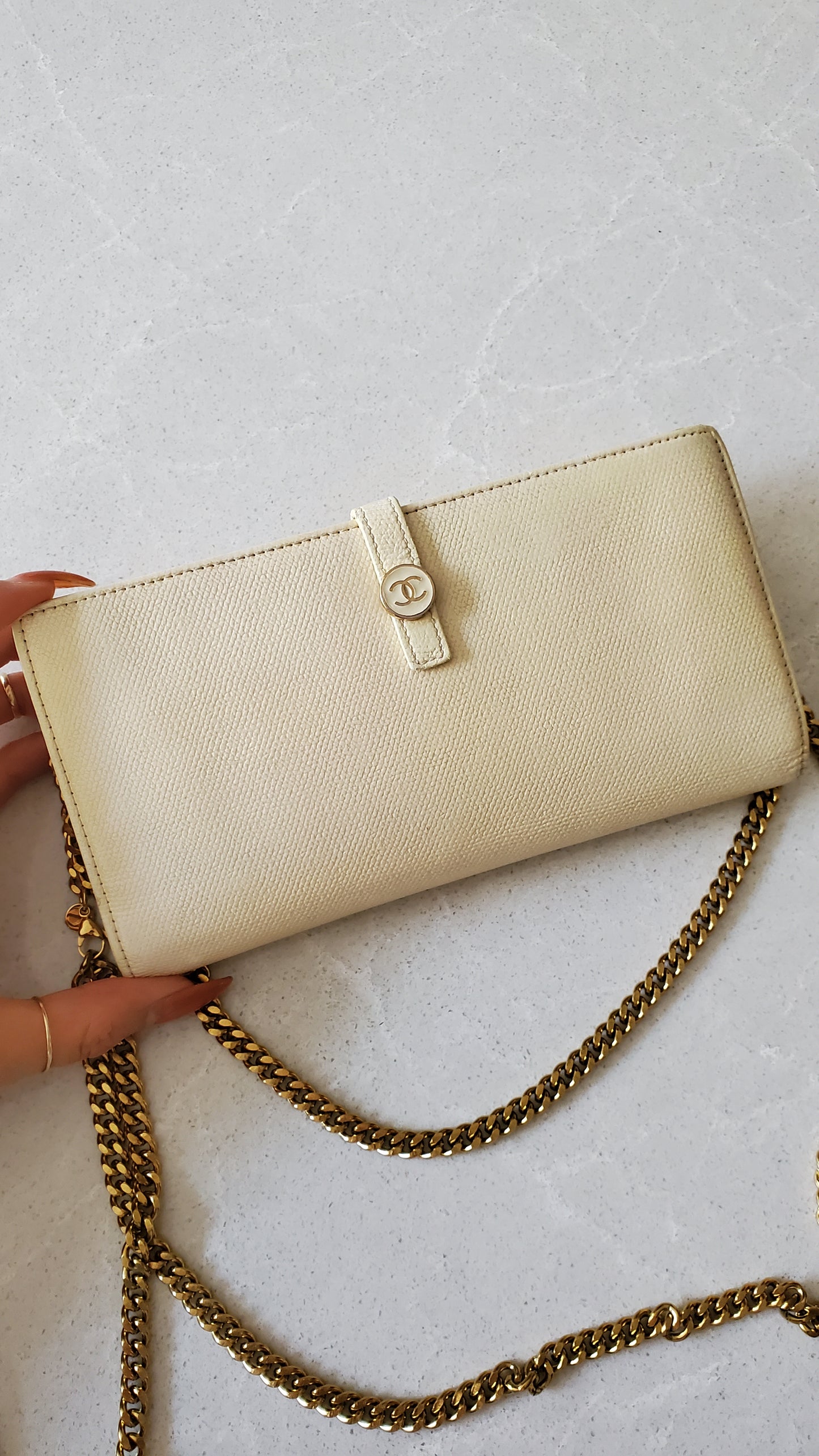 Authentic Vintage Chanel Upcycle Cream Caviar Wallet on Strap