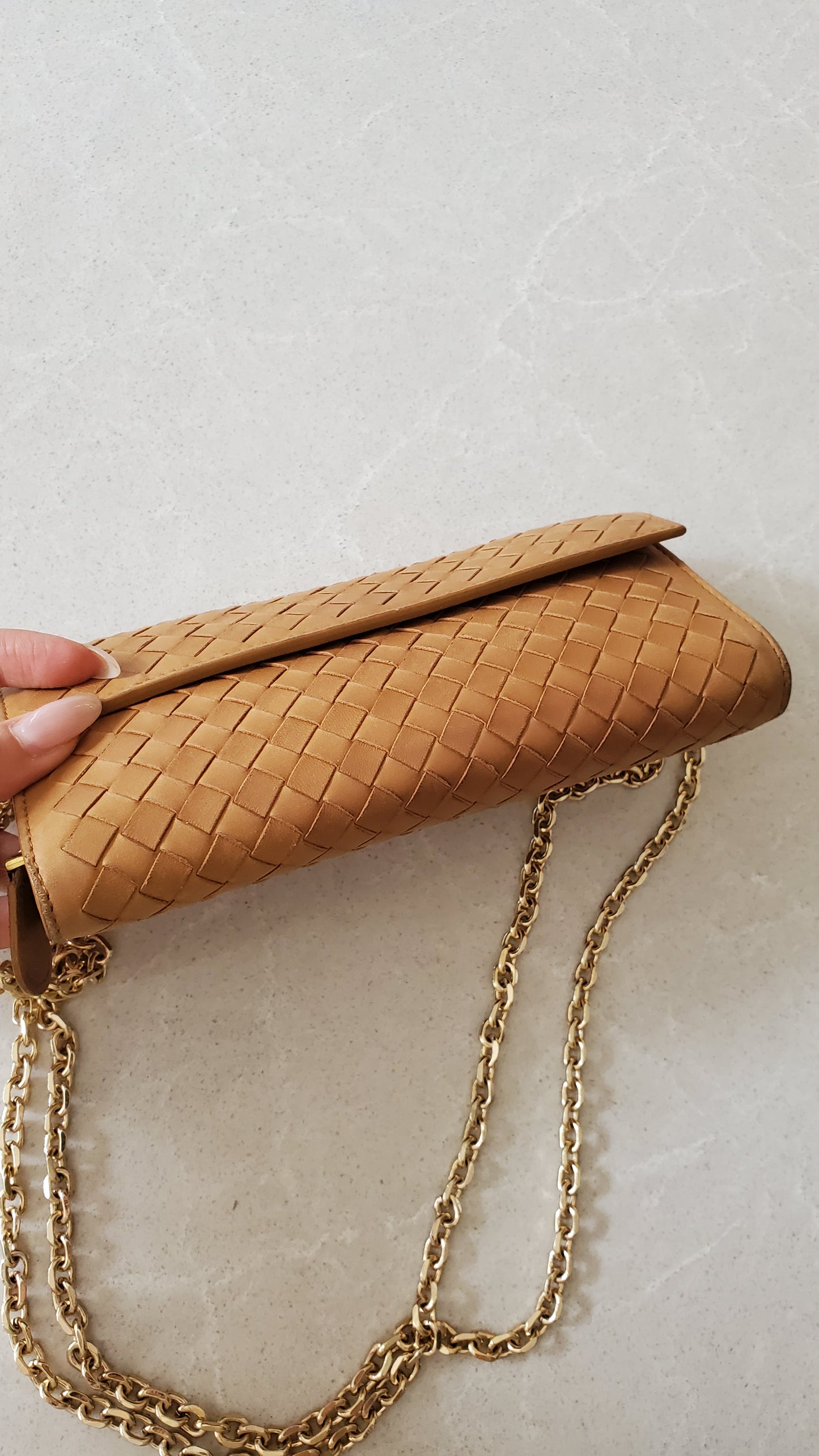 Authentic Bottega Veneta Upcycle Long Tan Leather Wallet on Chains