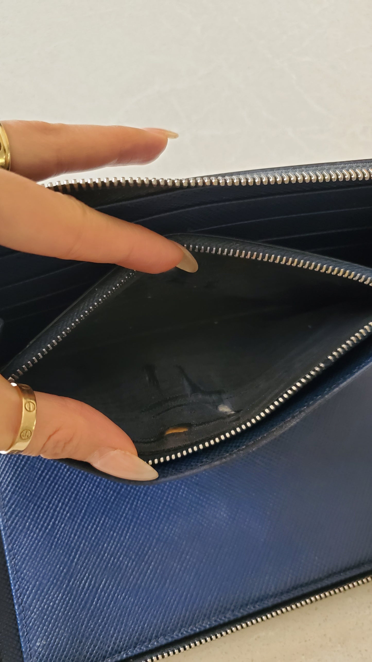 Authentic Prada Upcycle Dark Navy Large Zip-Up Wallet on Chain
