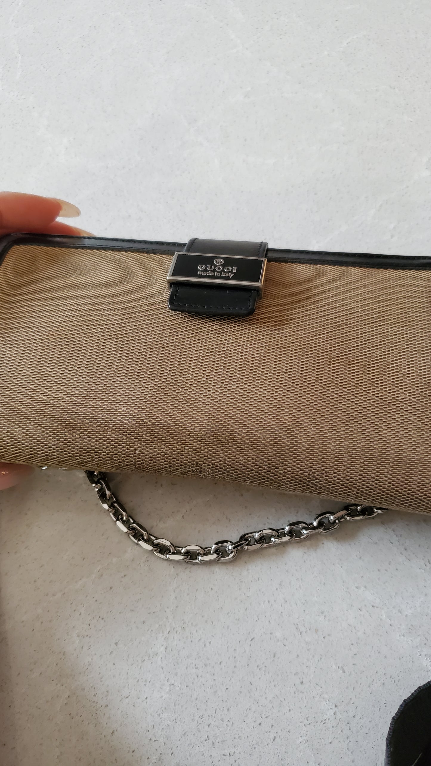 Authentic Gucci Upcycle Black/ Fabric Canvas Long Wallet on Strap & Chain