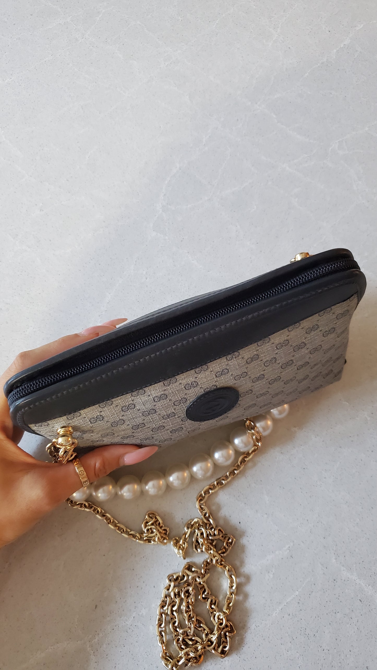 Authentic Vintage Gucci Upcycle Navy Purse on Chains (with pearls)