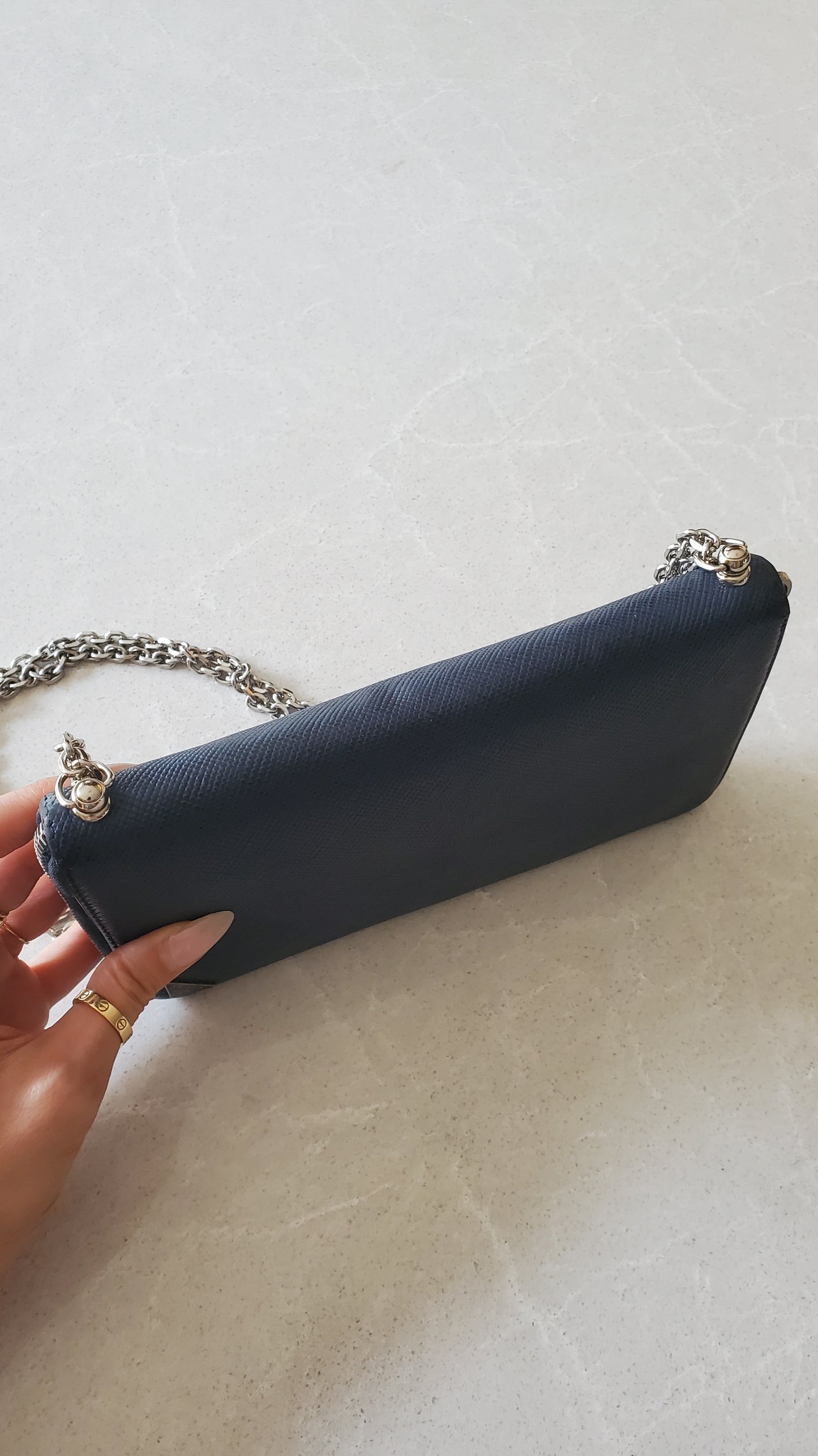 Authentic Prada Upcycle Dark Navy Large Zip-Up Wallet on Chain
