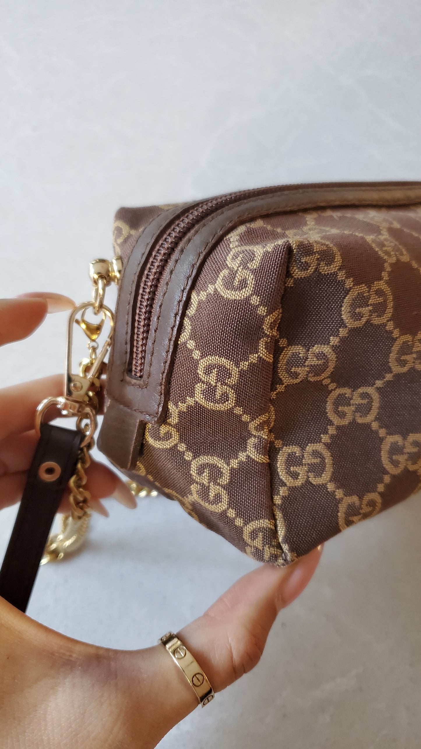 Authentic Vintage Gucci Upcycle Brown Fabric Pouch on Chain & Strap