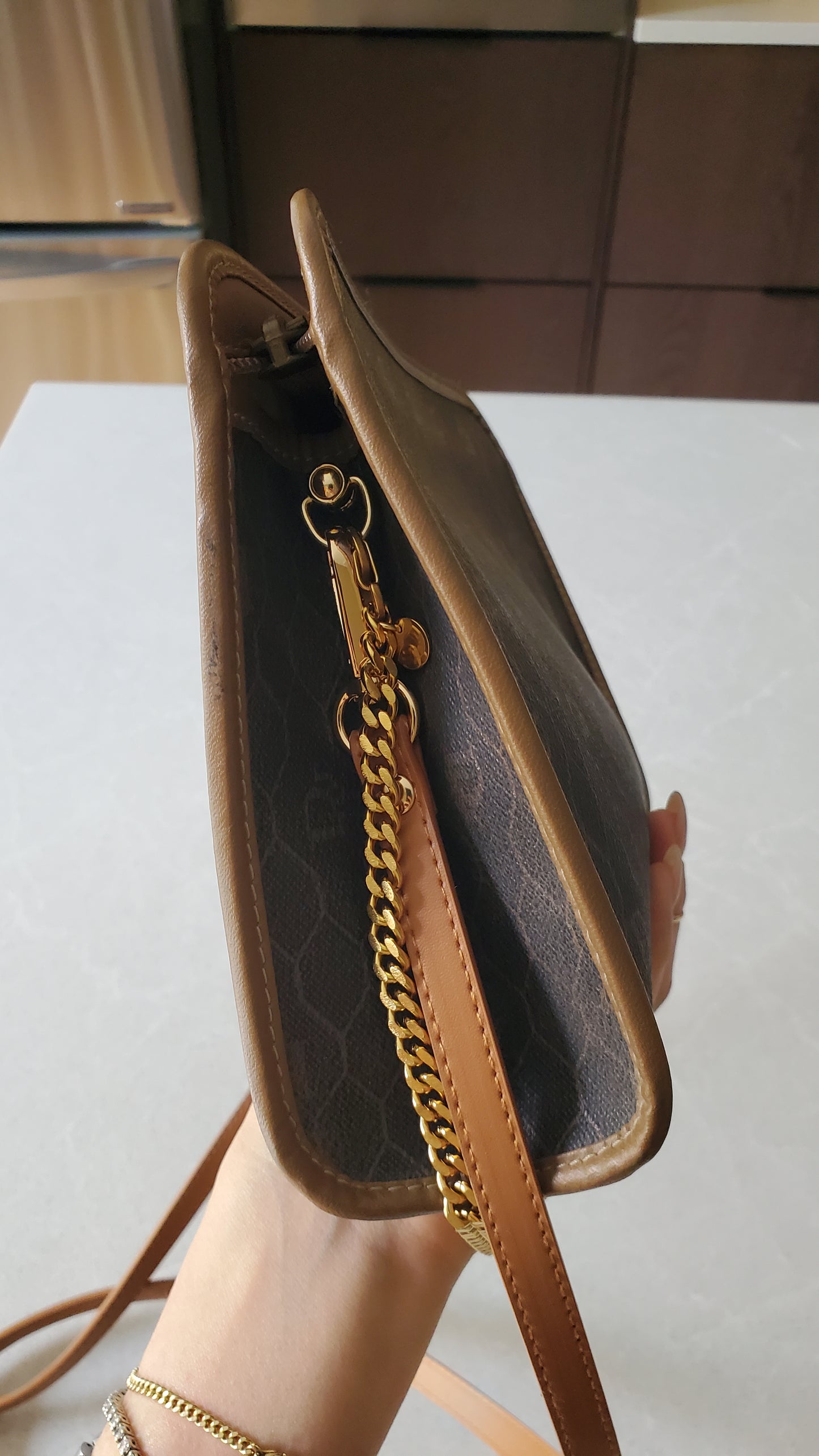 Authentic Vintage Dior Tan Purse on Strap & Chain