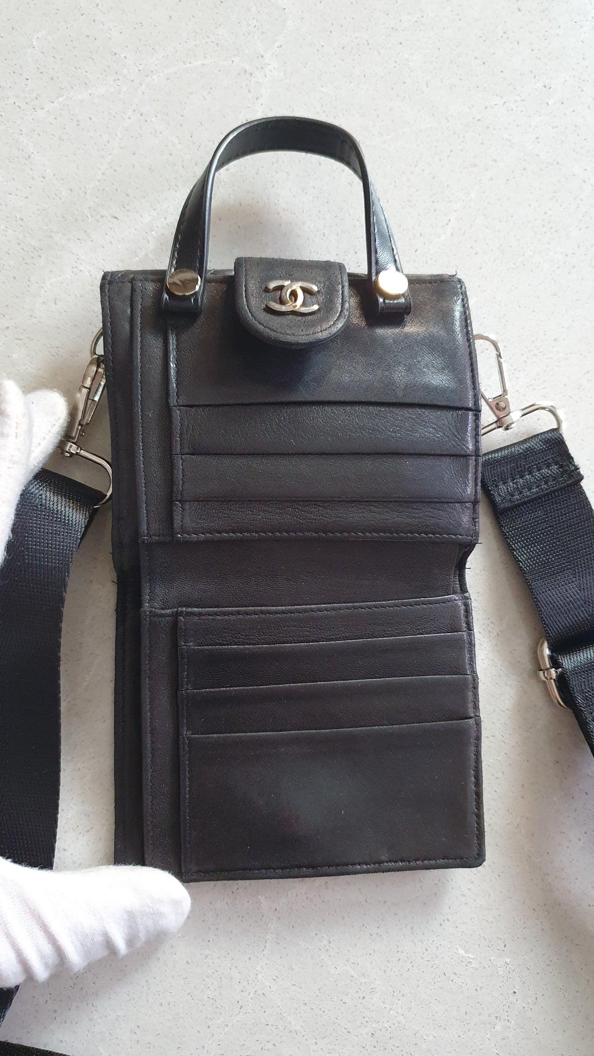Authentic Chanel (2) Upcycle Small Black Compact Wallet with Single Handle