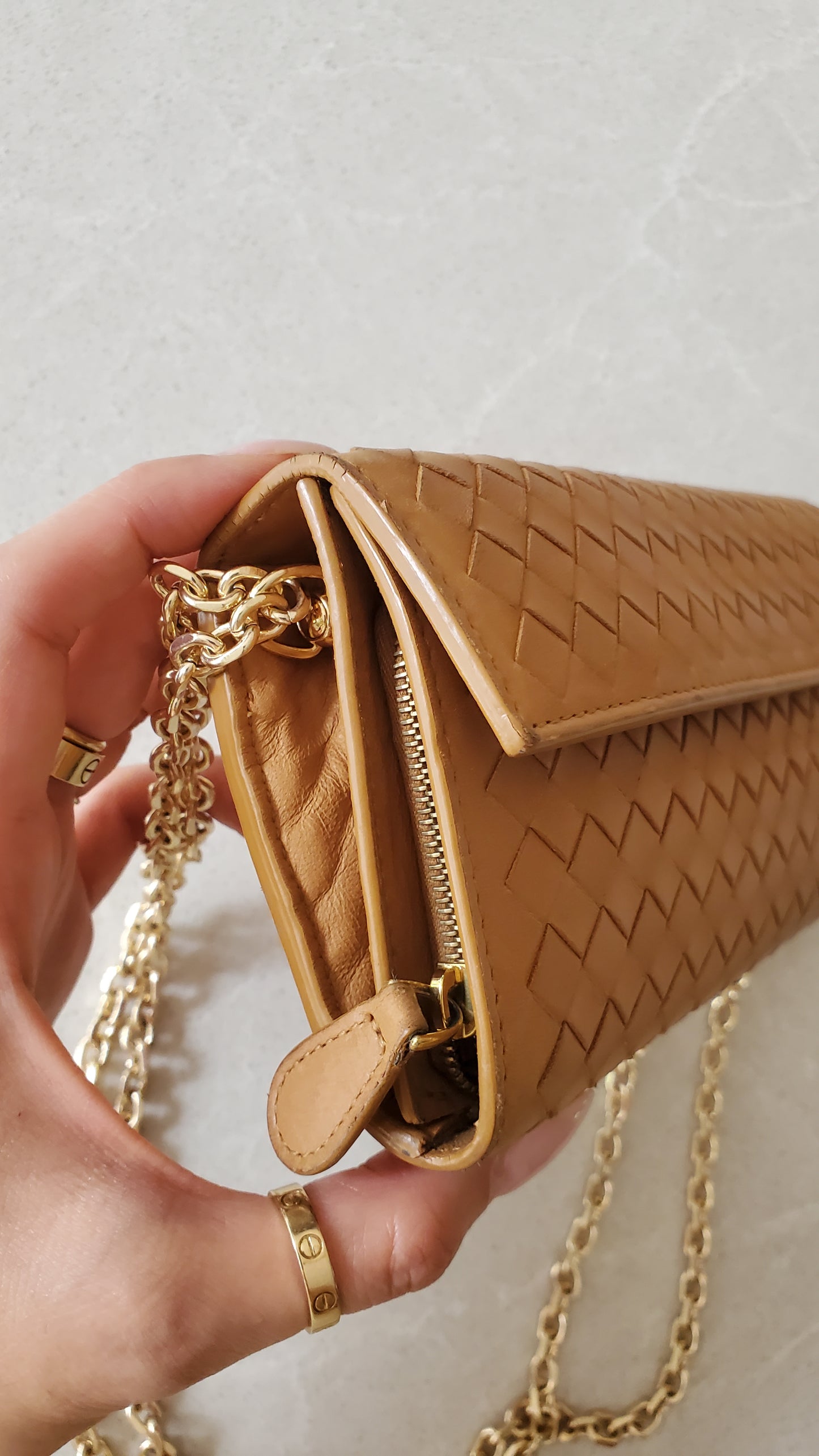 Authentic Bottega Veneta Upcycle Long Tan Leather Wallet on Chains