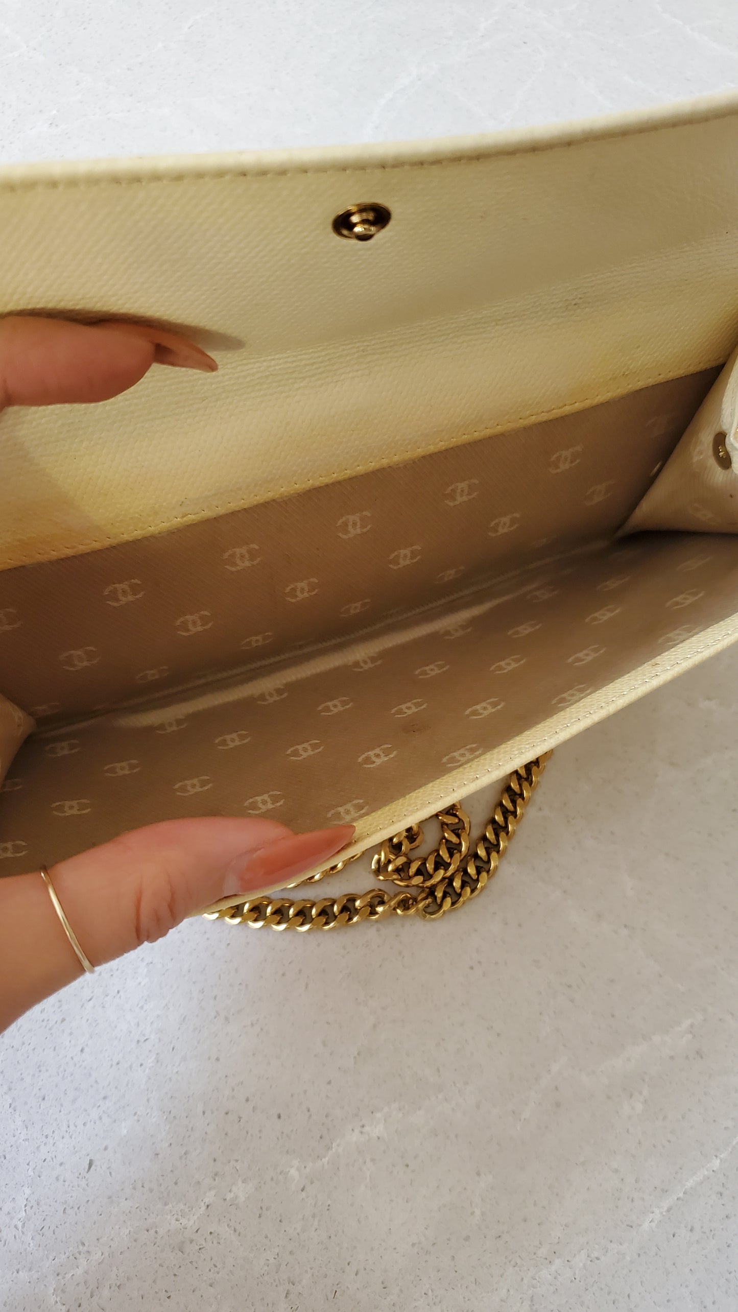 Authentic Vintage Chanel Upcycle Cream Caviar Wallet on Strap