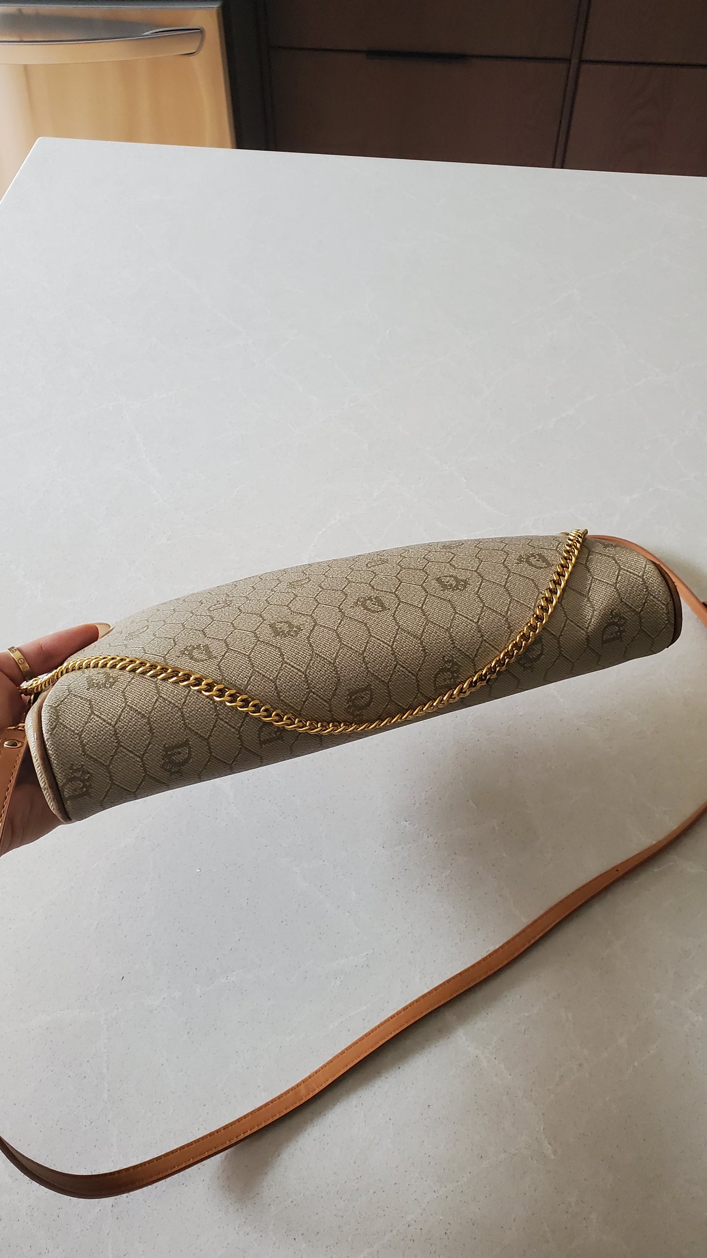 Authentic Vintage Dior Tan Purse on Strap & Chain
