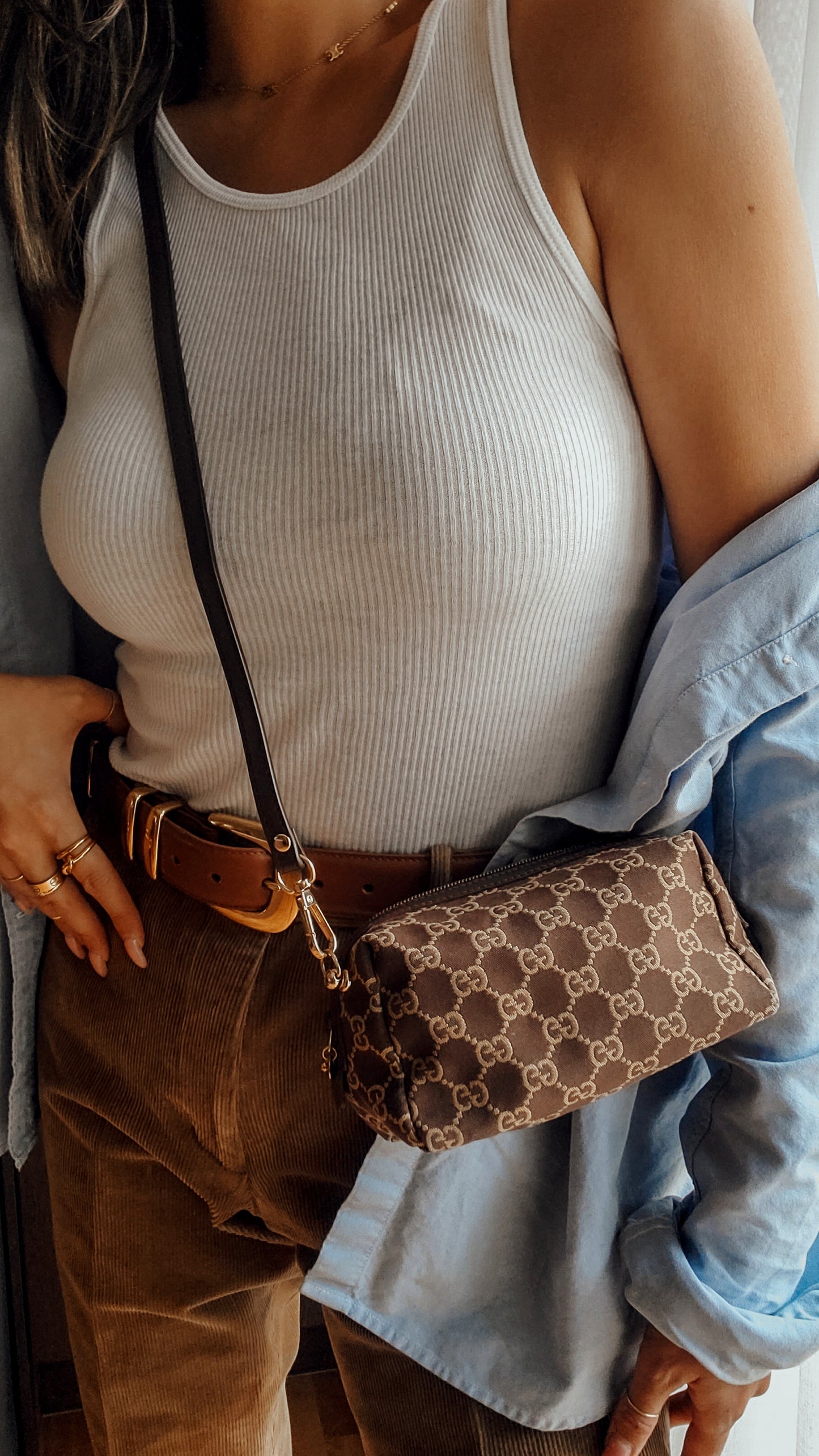 Authentic Vintage Gucci Upcycle Brown Fabric Pouch on Chain & Strap