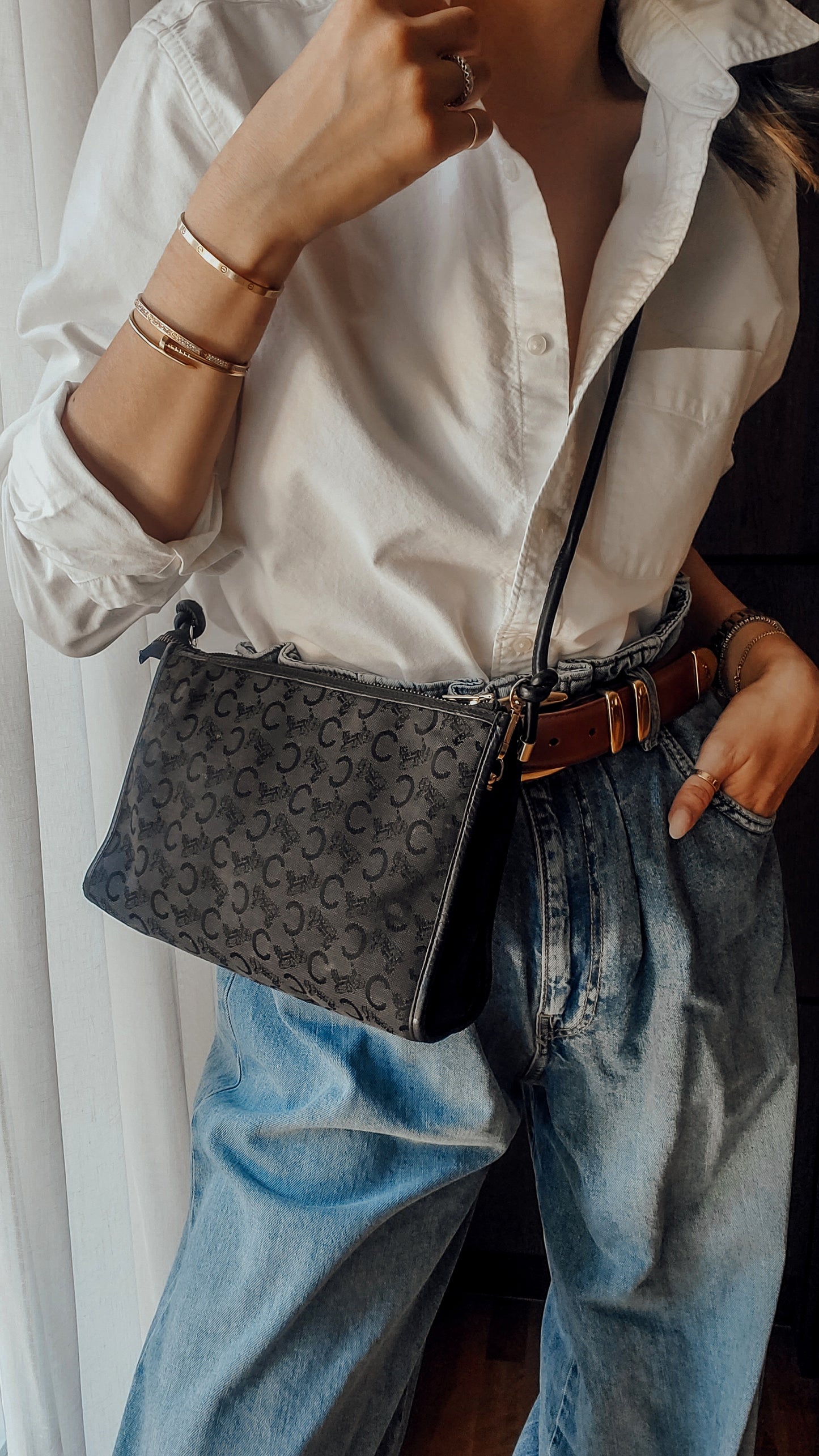 Authentic Vintage Celine Upcycle Black Fabric Purse on Strap