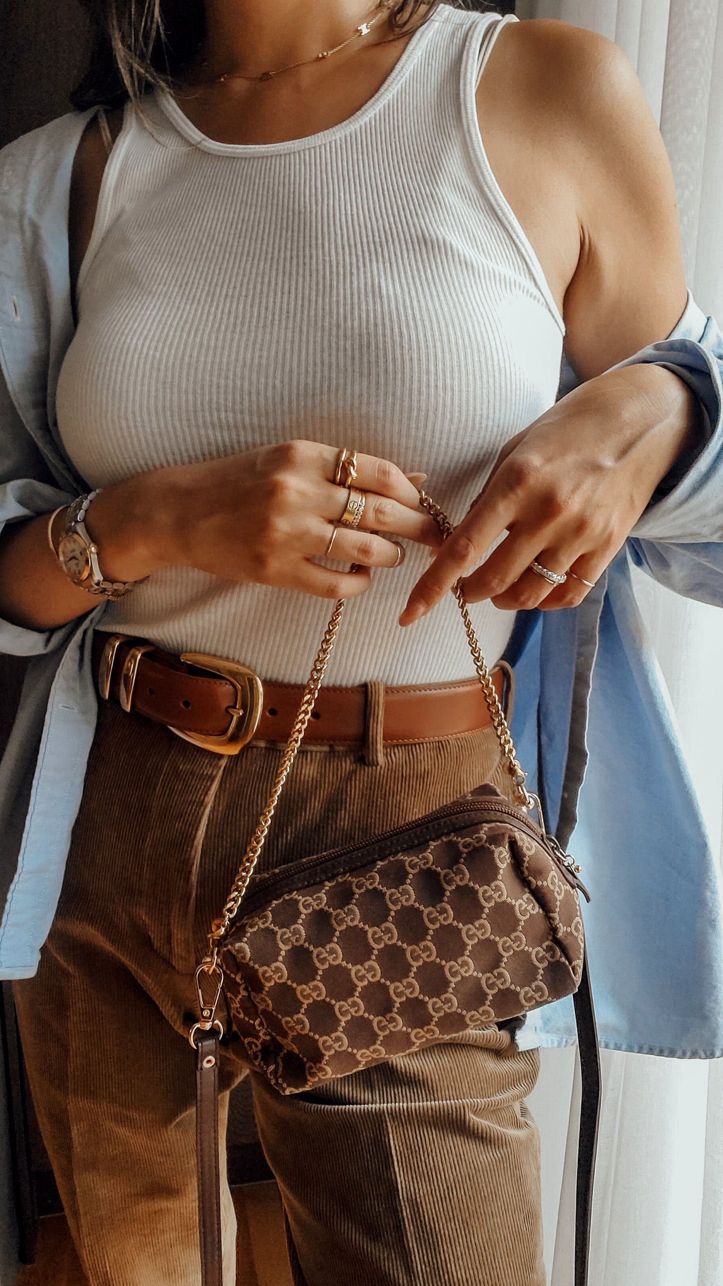 Authentic Vintage Gucci Upcycle Brown Fabric Pouch on Chain & Strap