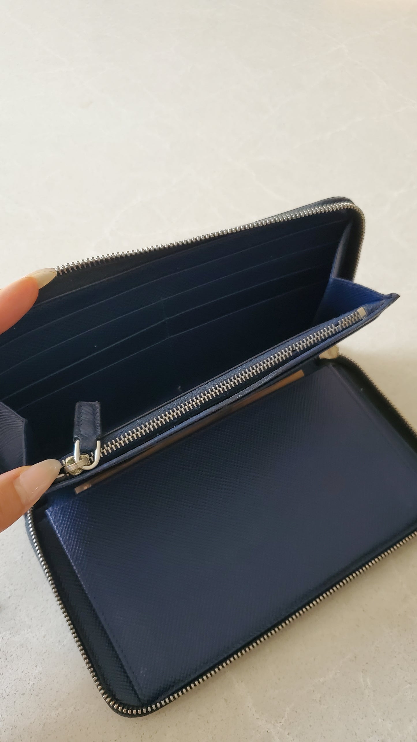 Authentic Prada Upcycle Dark Navy Large Zip-Up Wallet on Chain