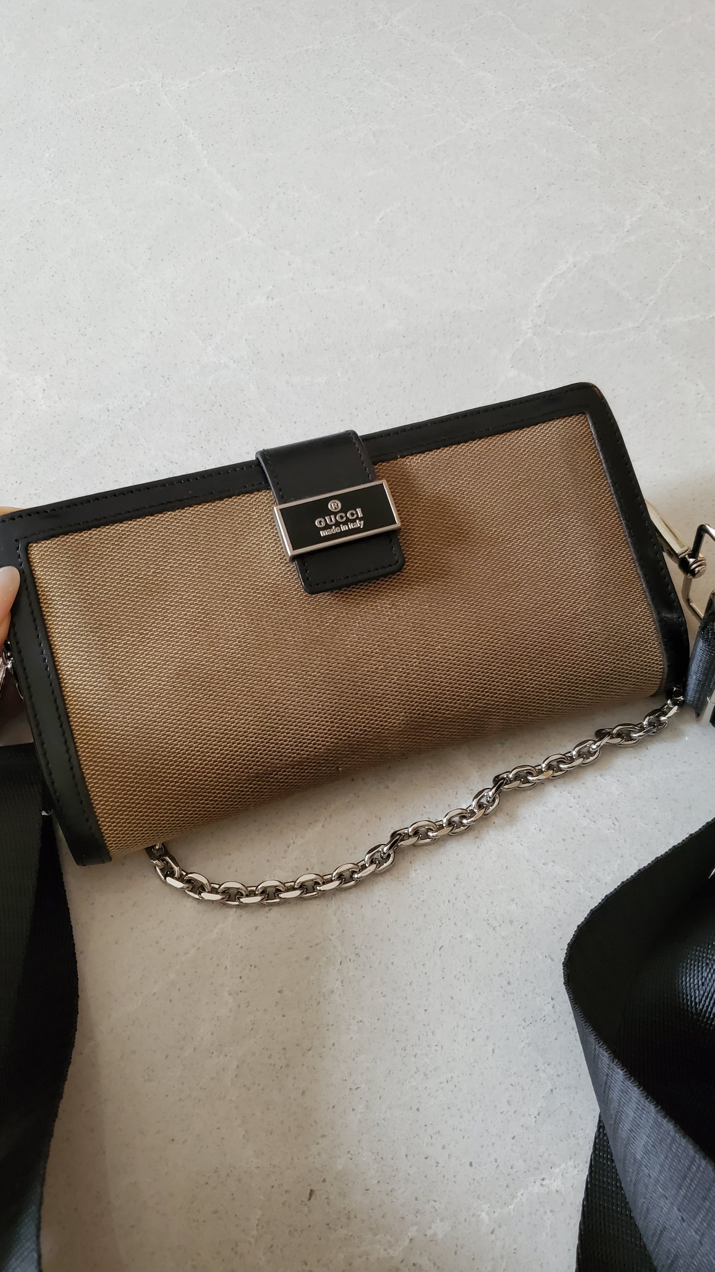 Authentic Gucci Upcycle Black/ Fabric Canvas Long Wallet on Strap & Chain