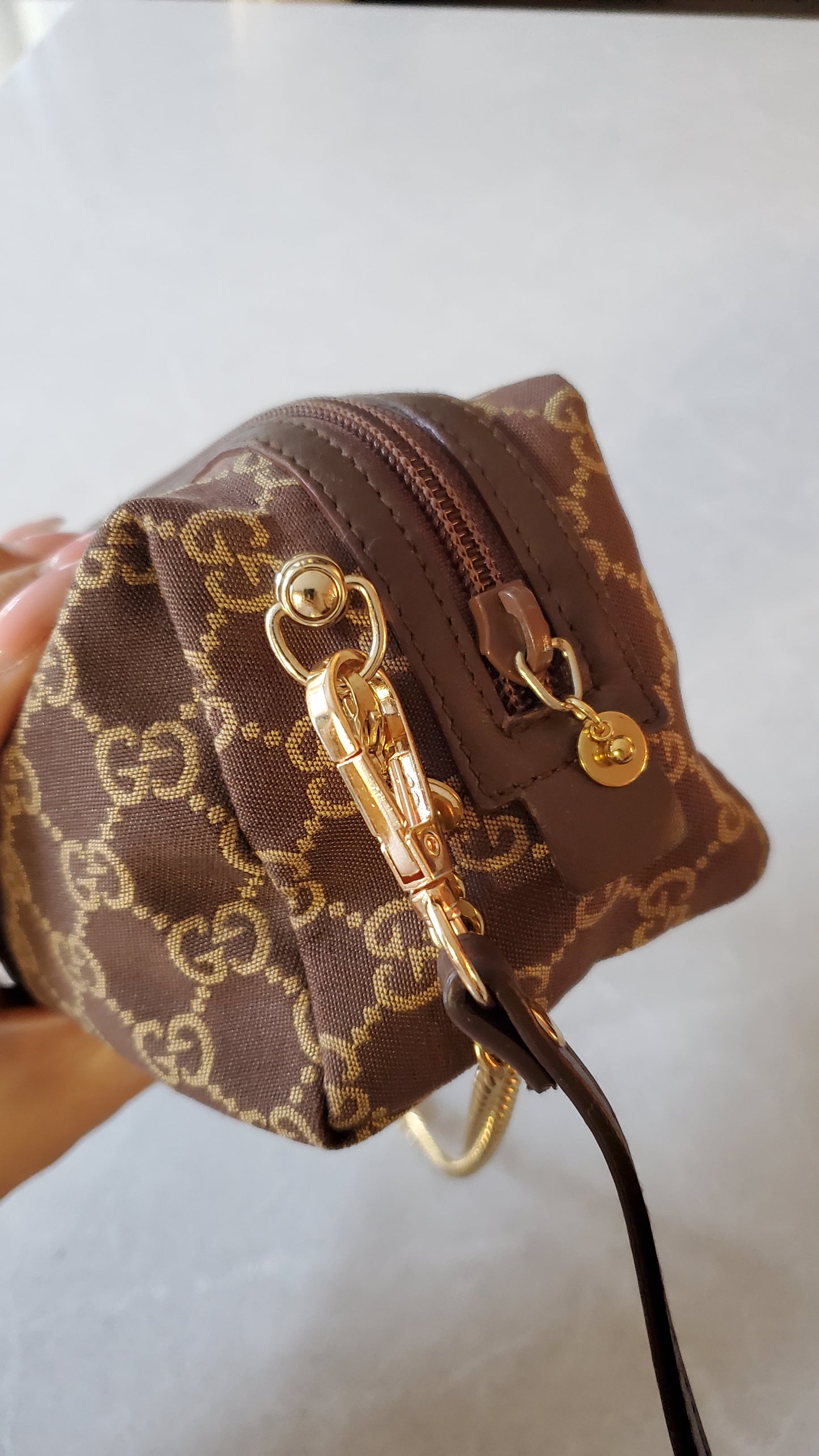 Authentic Vintage Gucci Upcycle Brown Fabric Pouch on Chain & Strap