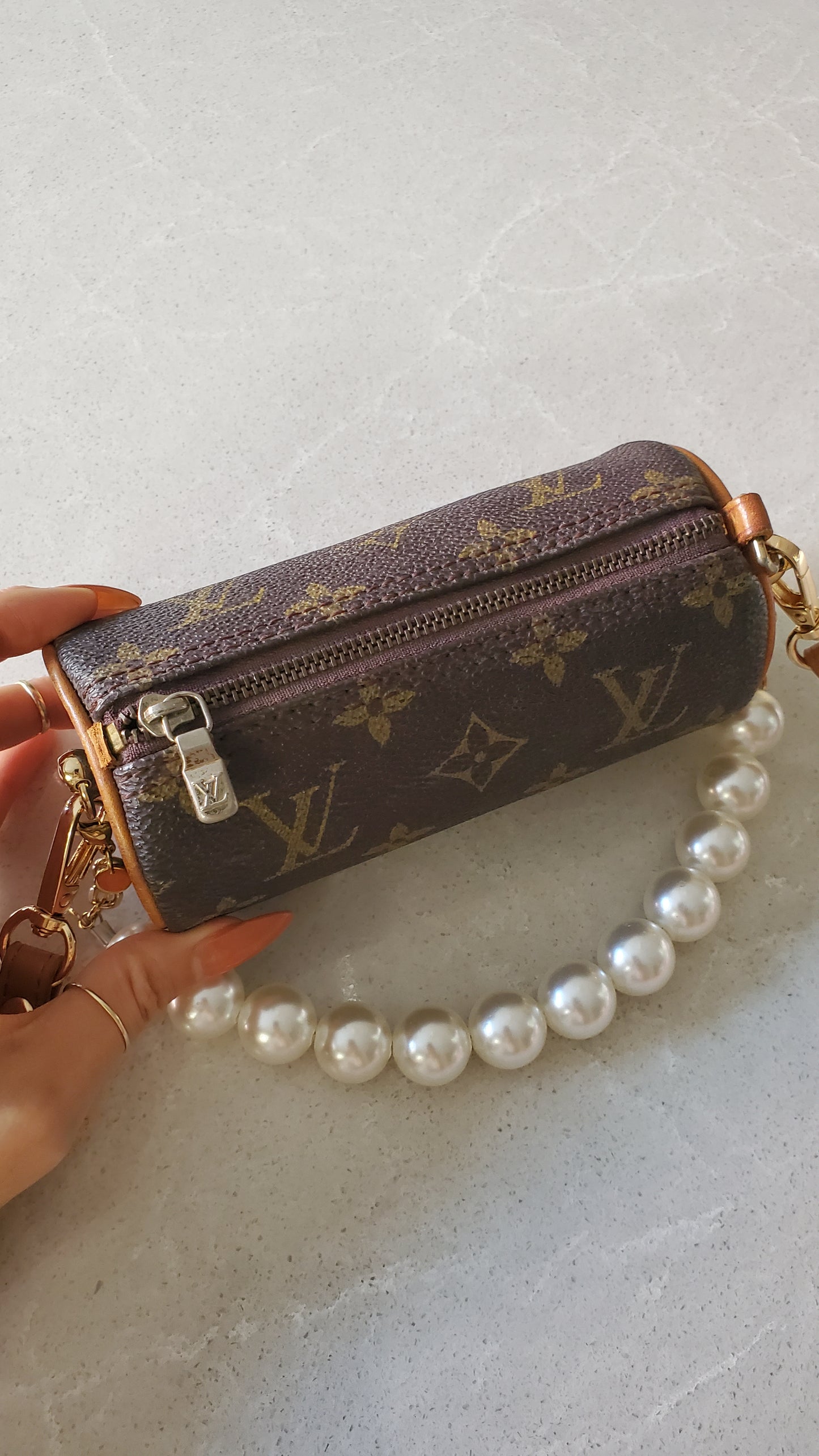 Authentic Vintage Louis Vuitton Upcycle Round Brown Monogram Pouch on Chain & Strap