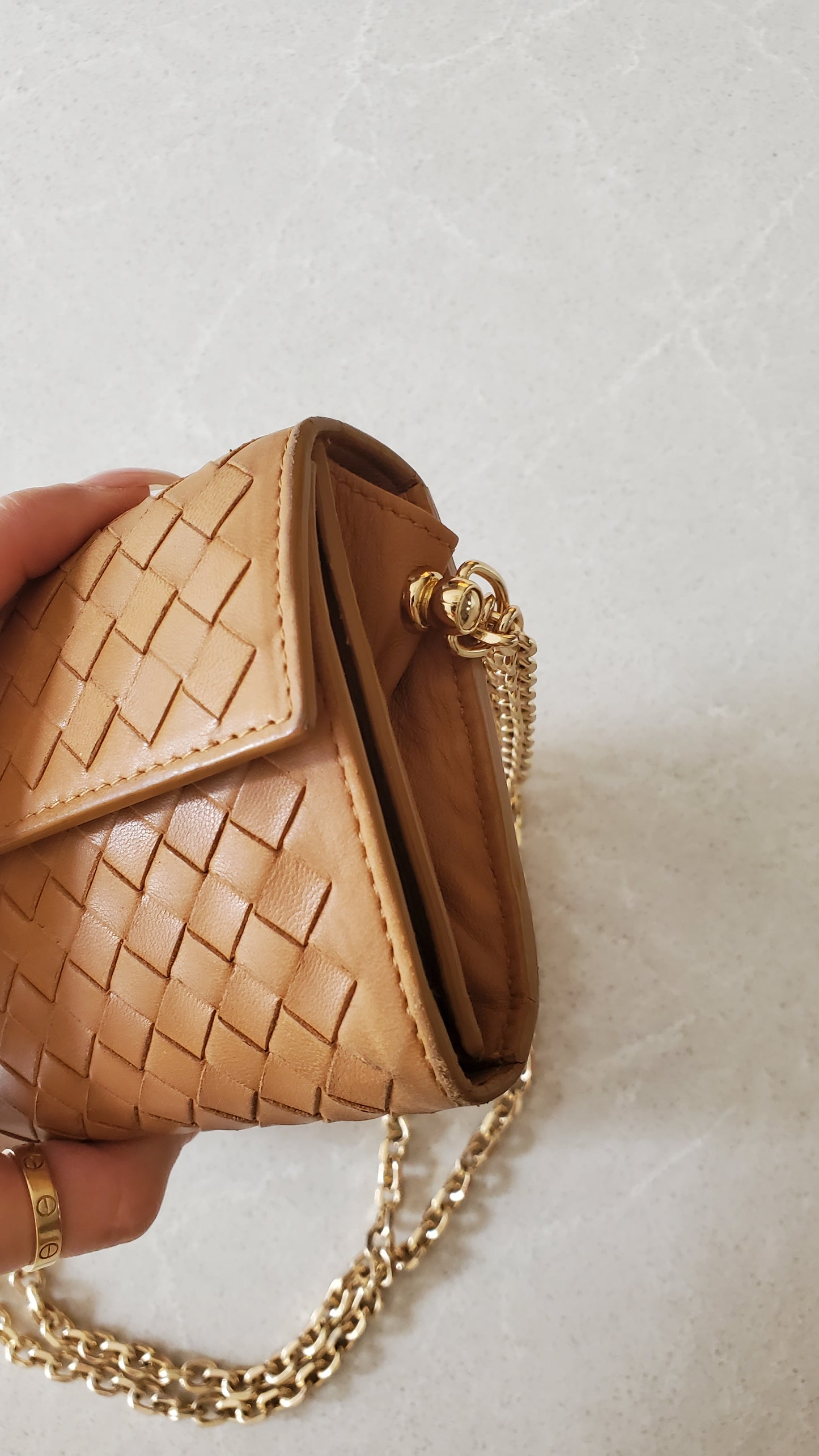 Authentic Bottega Veneta Upcycle Long Tan Leather Wallet on Chains