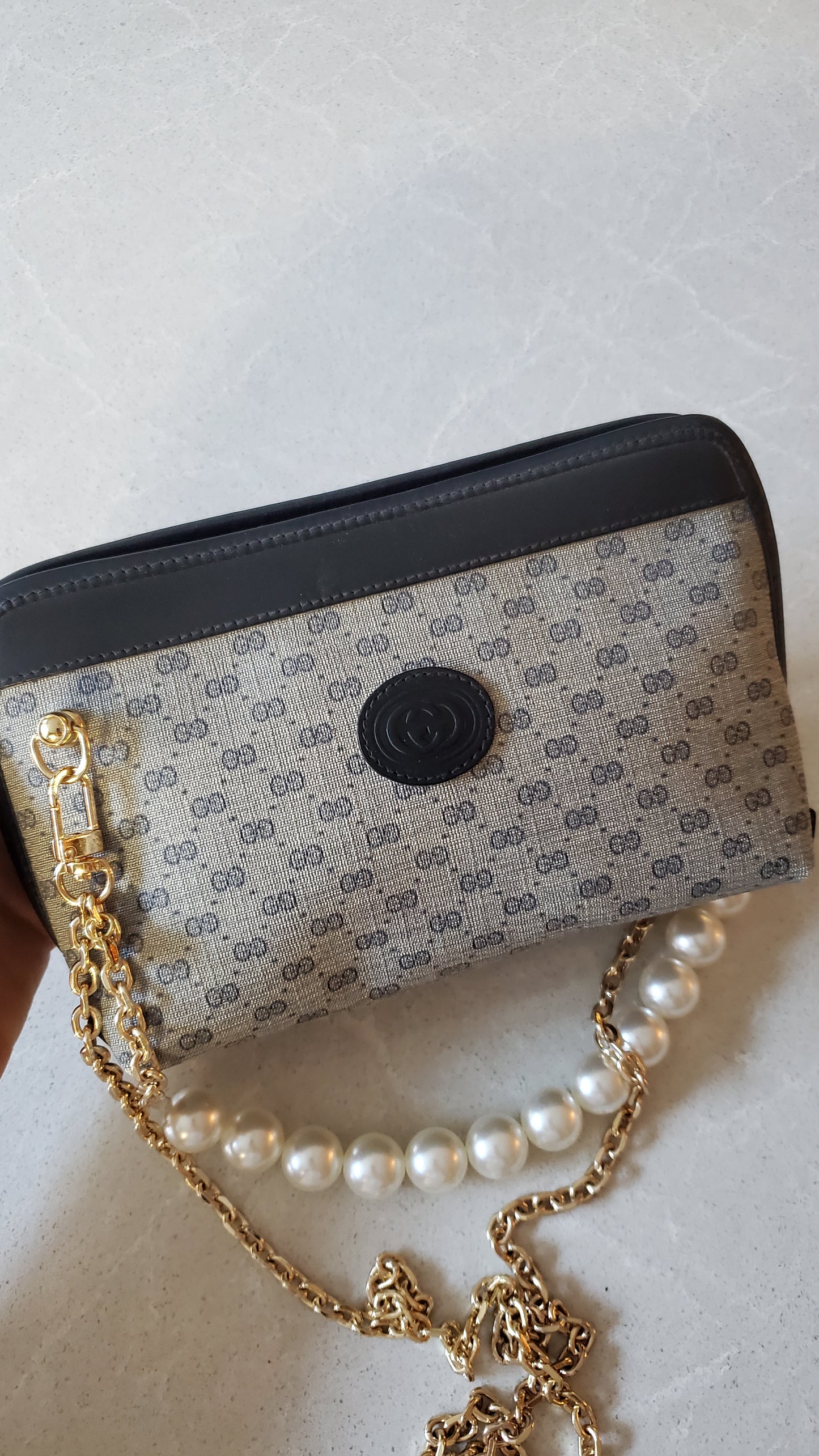 Authentic Vintage Gucci Upcycle Navy Purse on Chains (with pearls)