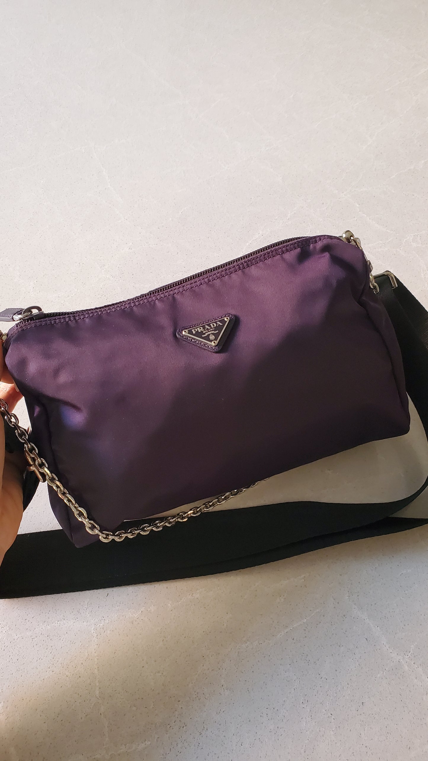 Authentic Prada Upcycle Purple Nylon Medium Size Pouch on Chain & Strap