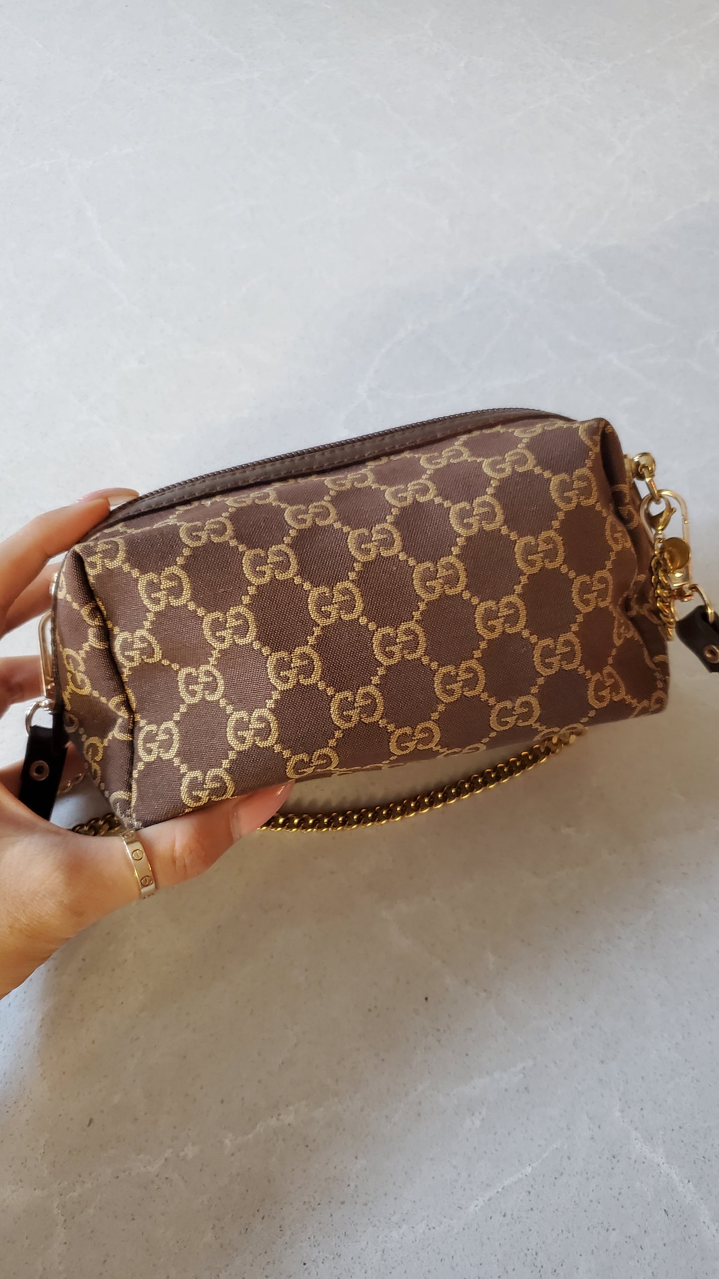 Authentic Vintage Gucci Upcycle Brown Fabric Pouch on Chain & Strap