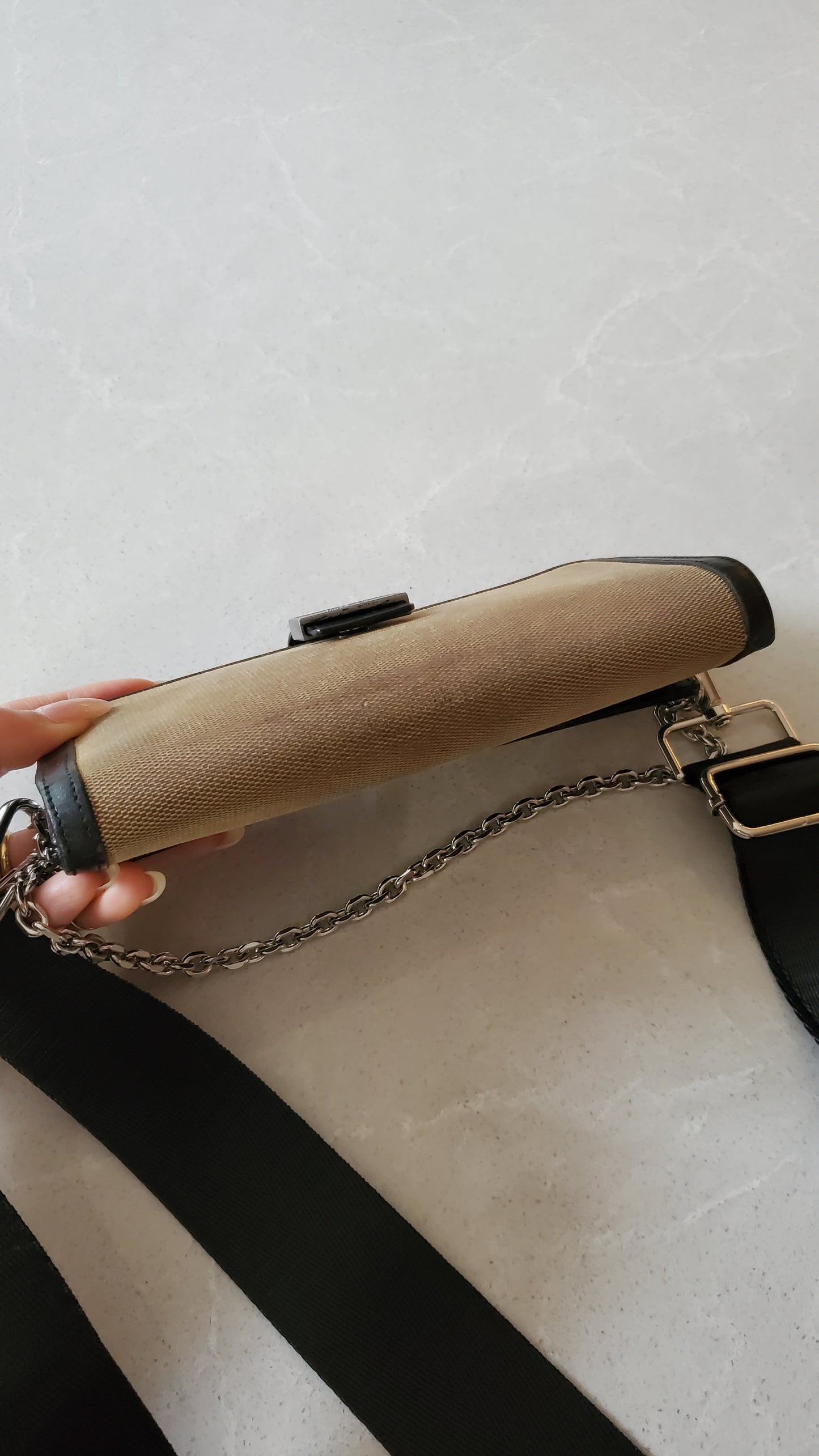 Authentic Gucci Upcycle Black/ Fabric Canvas Long Wallet on Strap & Chain