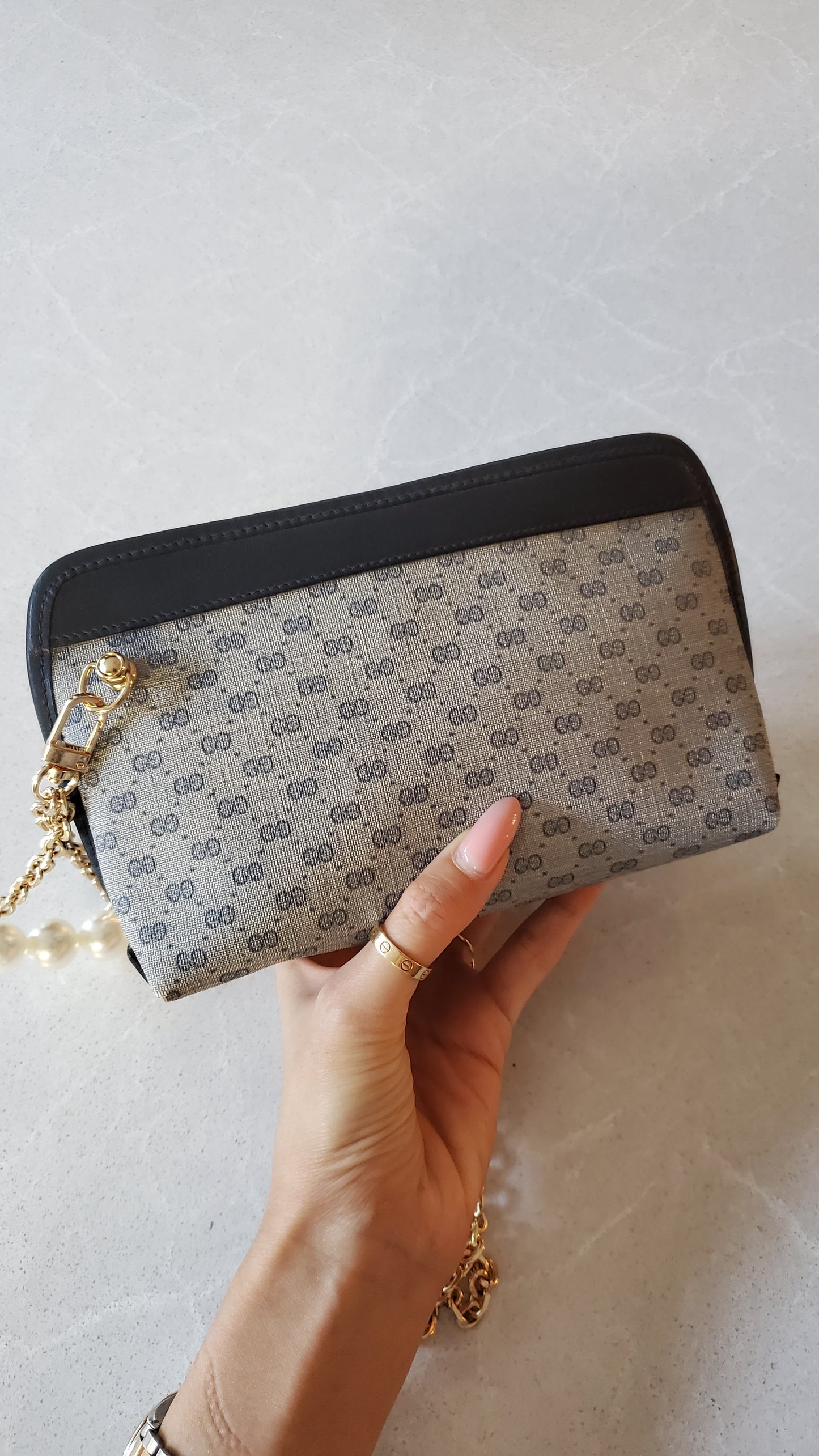 Authentic Vintage Gucci Upcycle Navy Purse on Chains (with pearls)