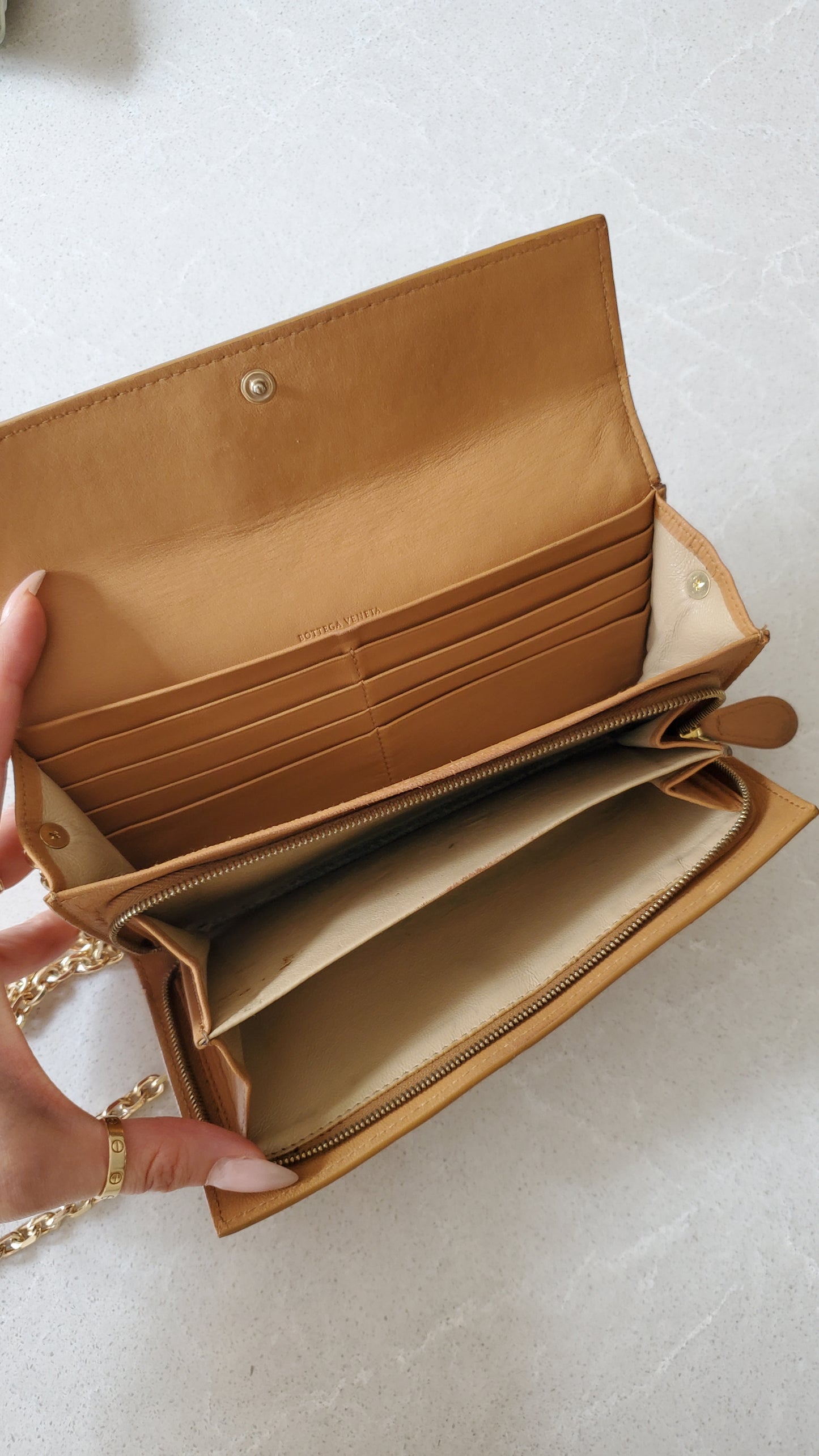 Authentic Bottega Veneta Upcycle Long Tan Leather Wallet on Chains