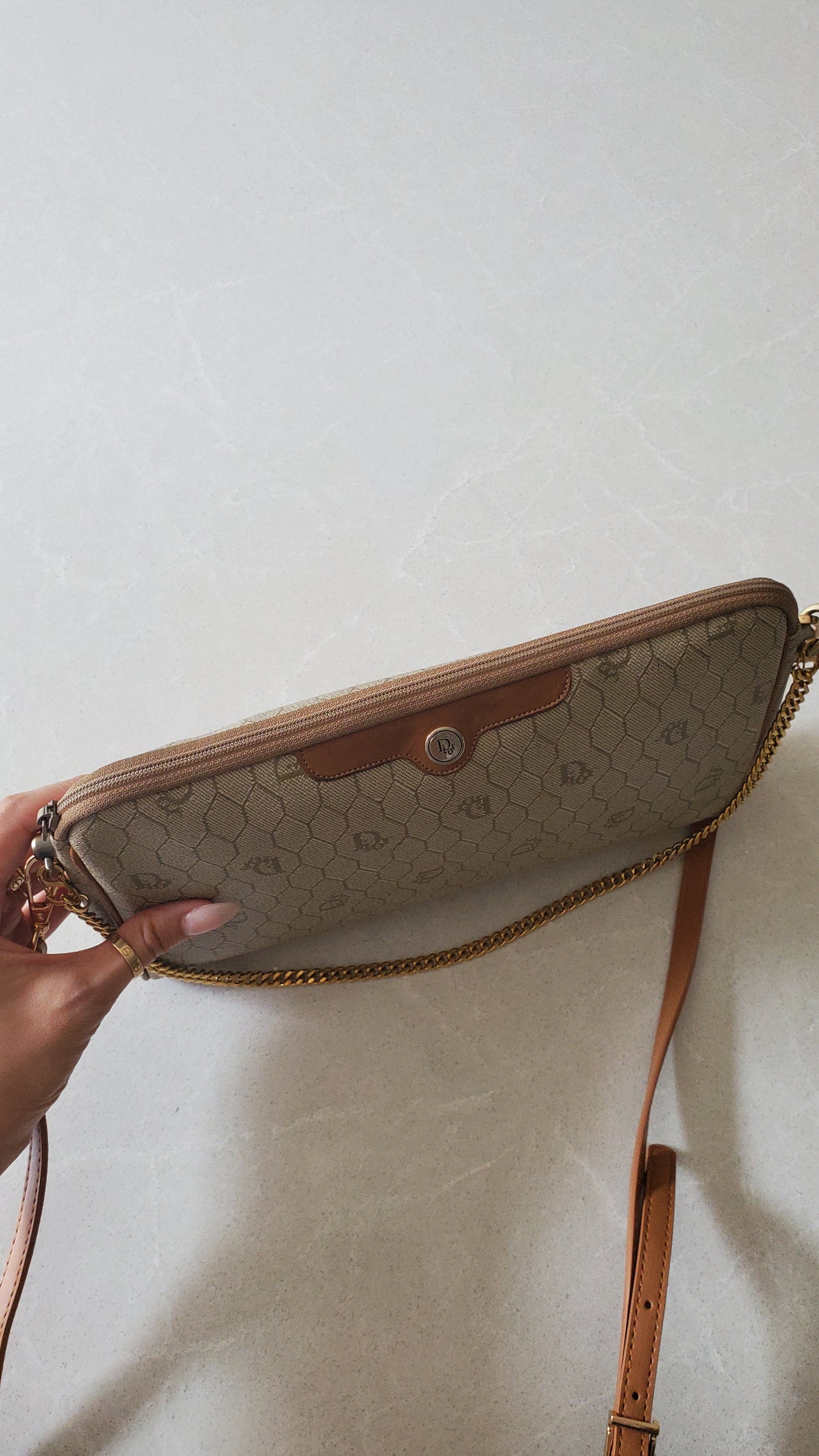 Authentic Vintage Dior Tan Purse on Strap & Chain