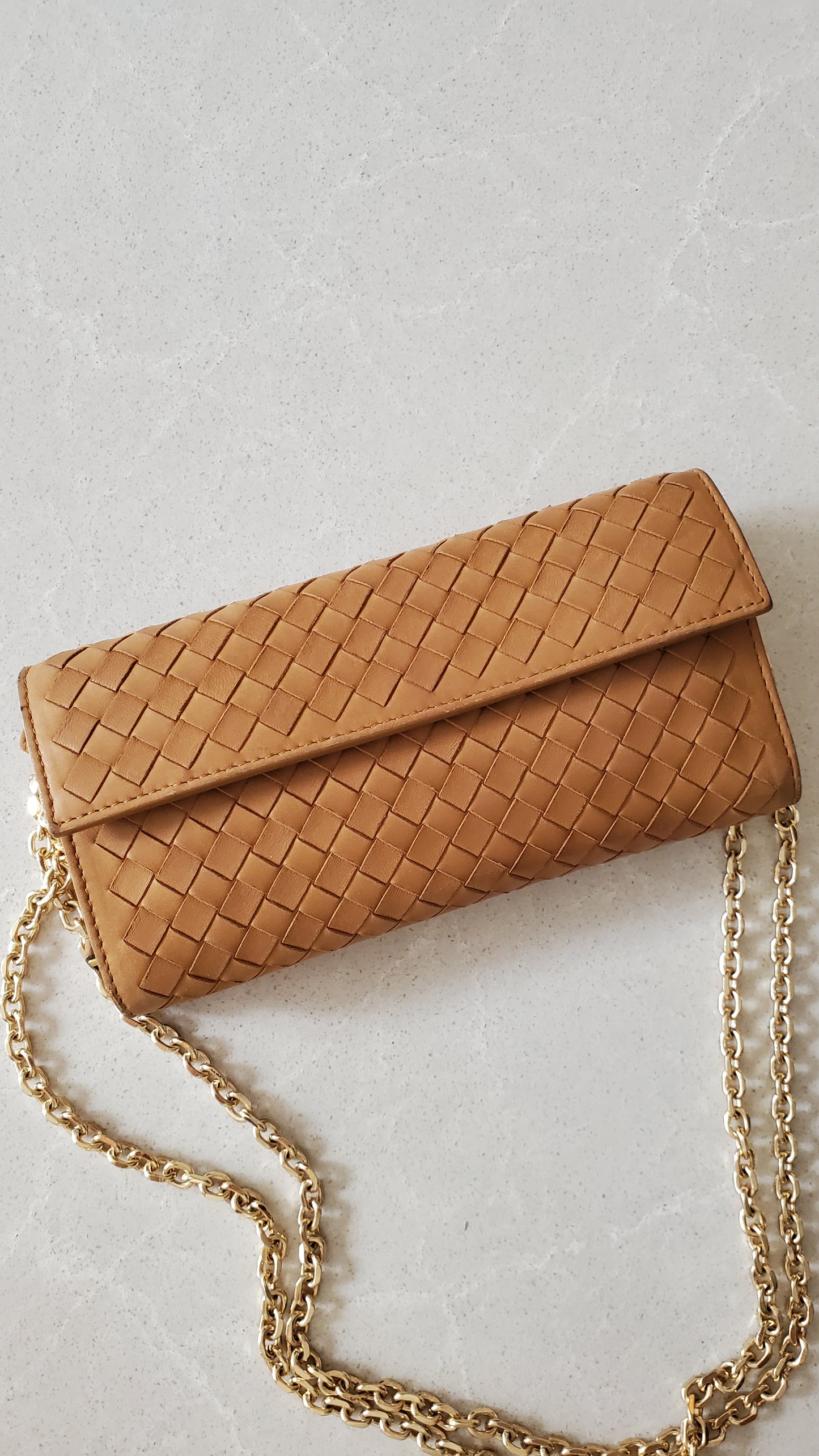 Authentic Bottega Veneta Upcycle Long Tan Leather Wallet on Chains