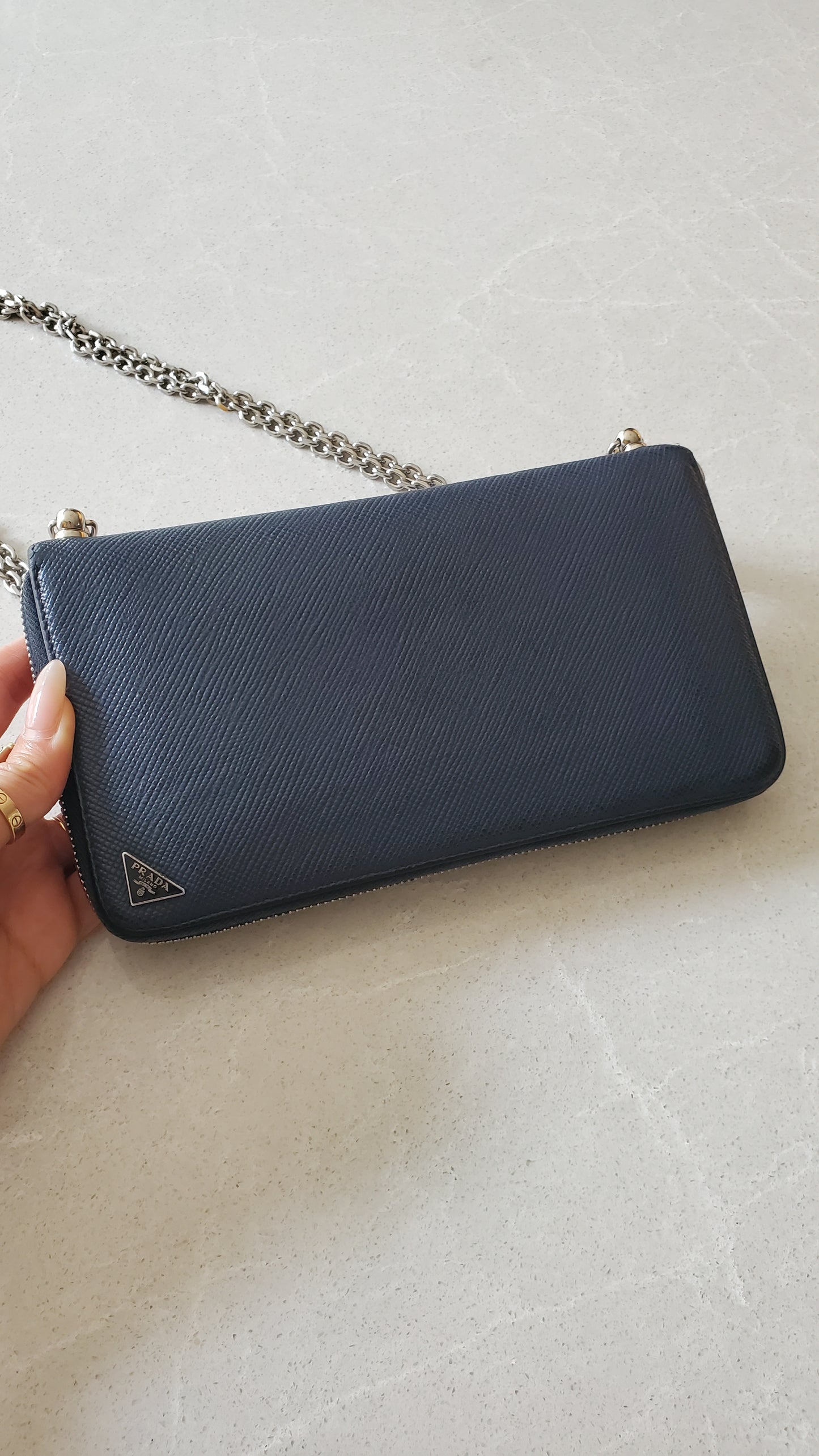 Authentic Prada Upcycle Dark Navy Large Zip-Up Wallet on Chain