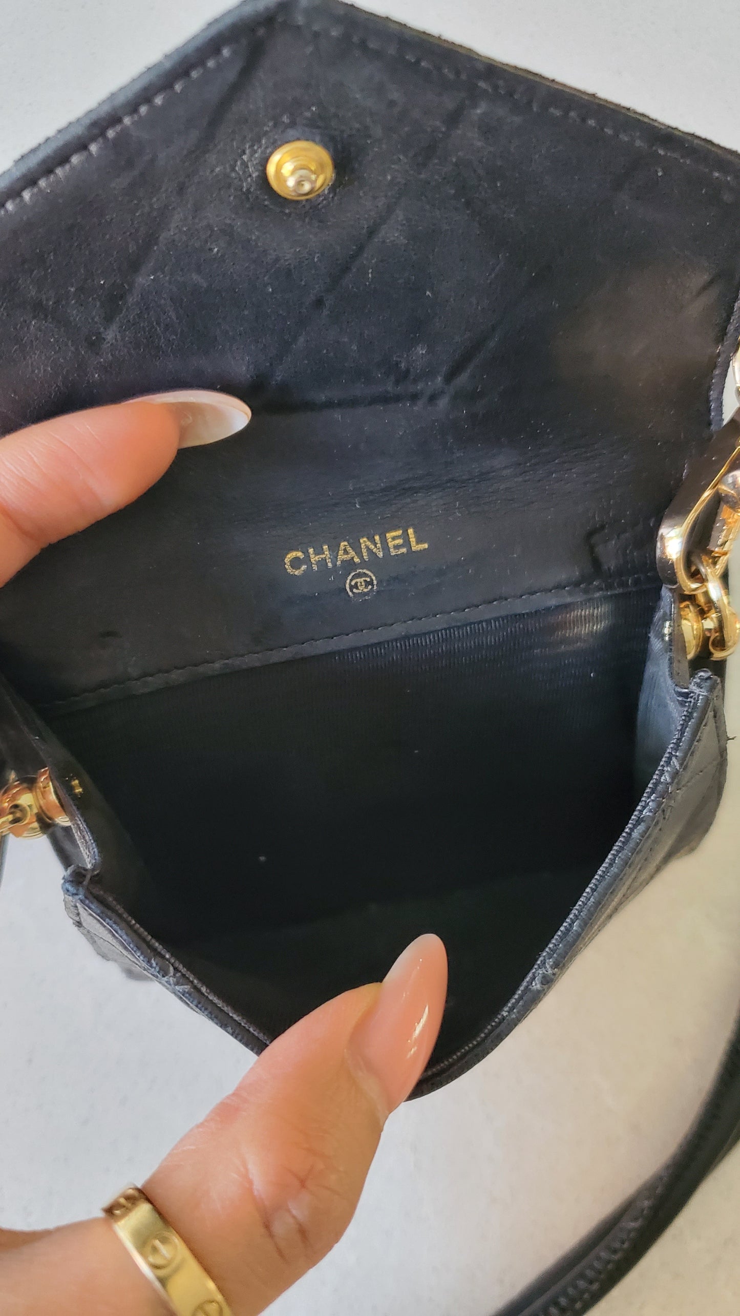 Authentic Chanel Upcycle Black Lambskin Small Wallet on Strap