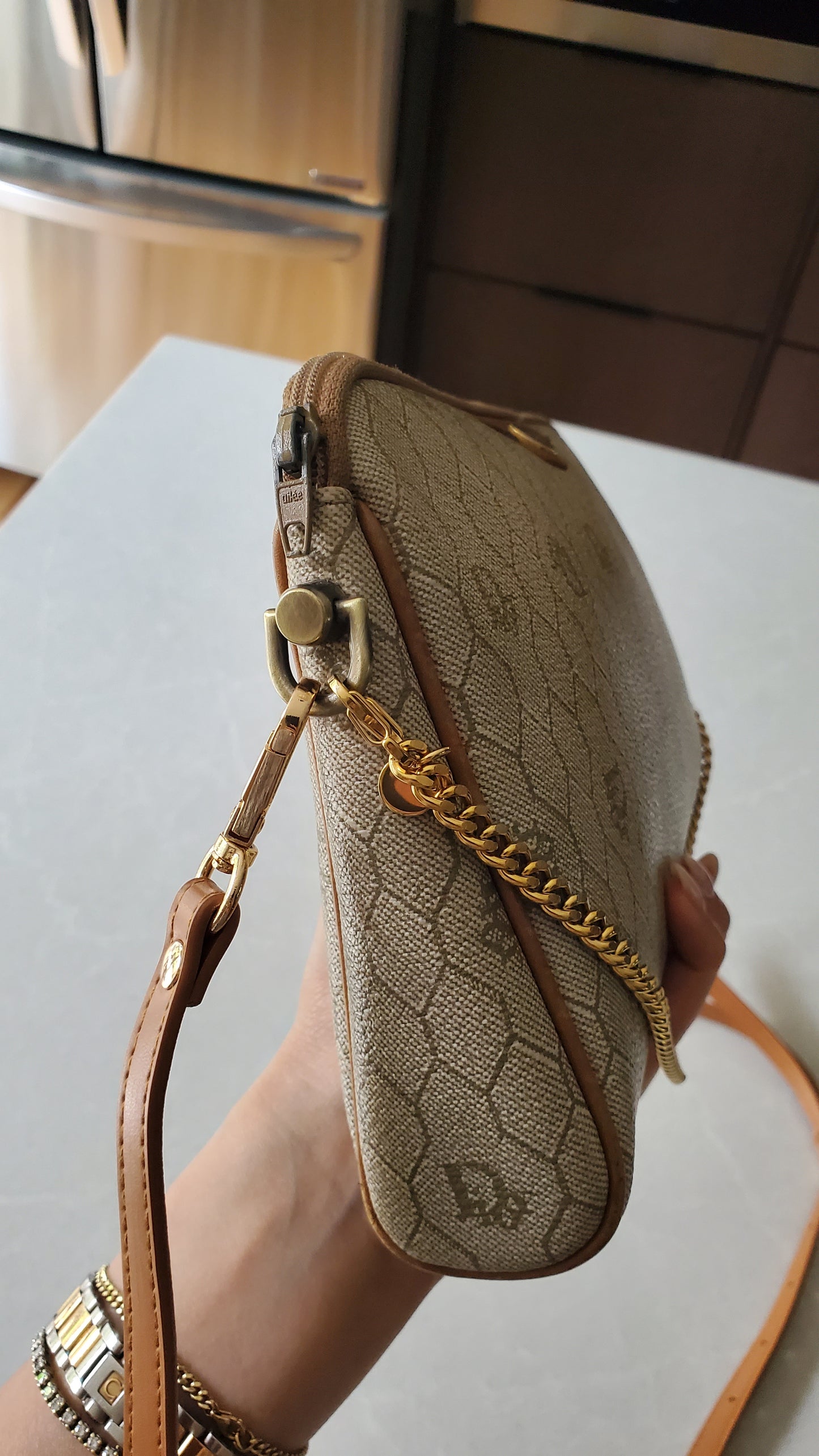 Authentic Vintage Dior Tan Purse on Strap & Chain