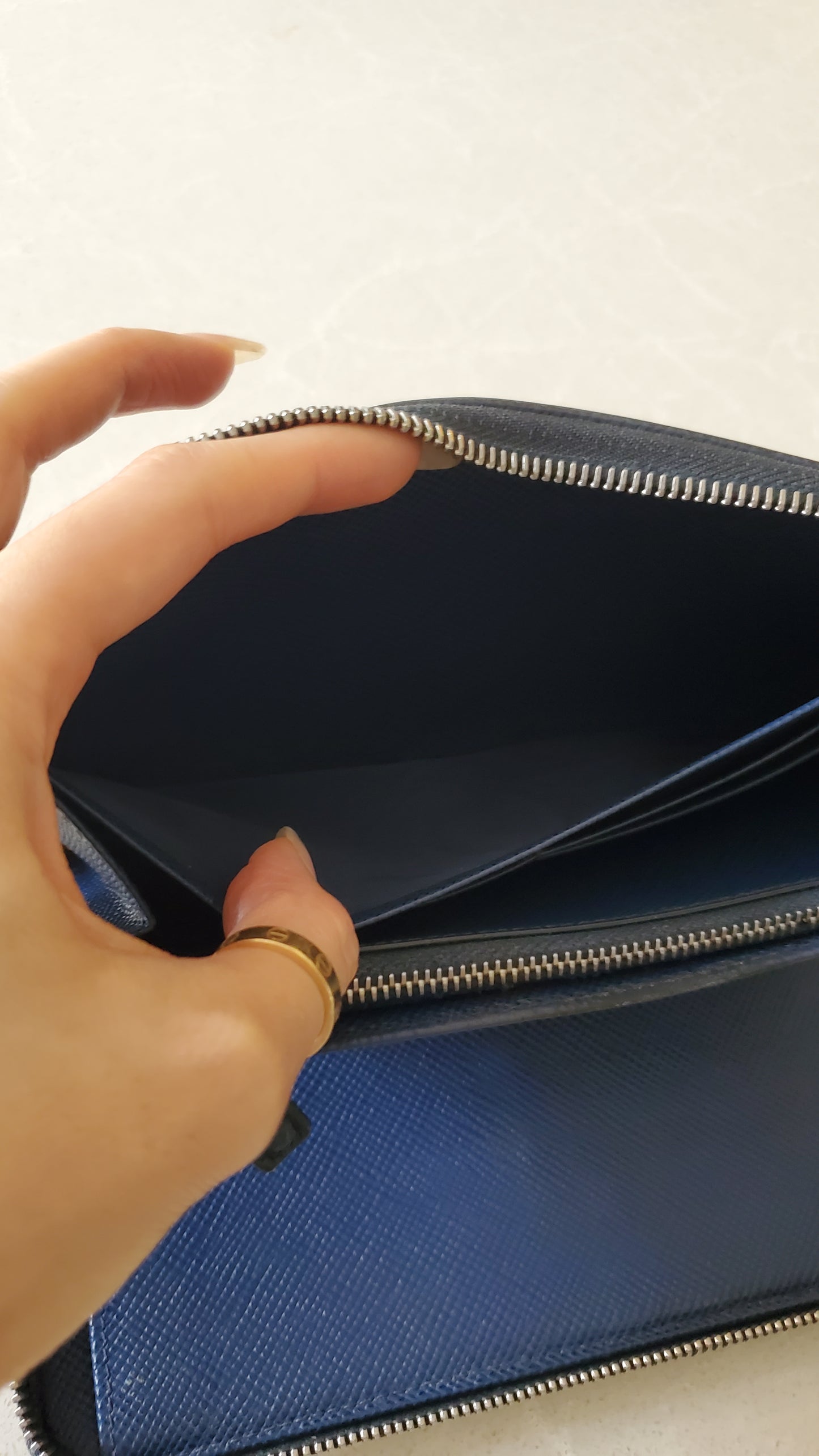 Authentic Prada Upcycle Dark Navy Large Zip-Up Wallet on Chain