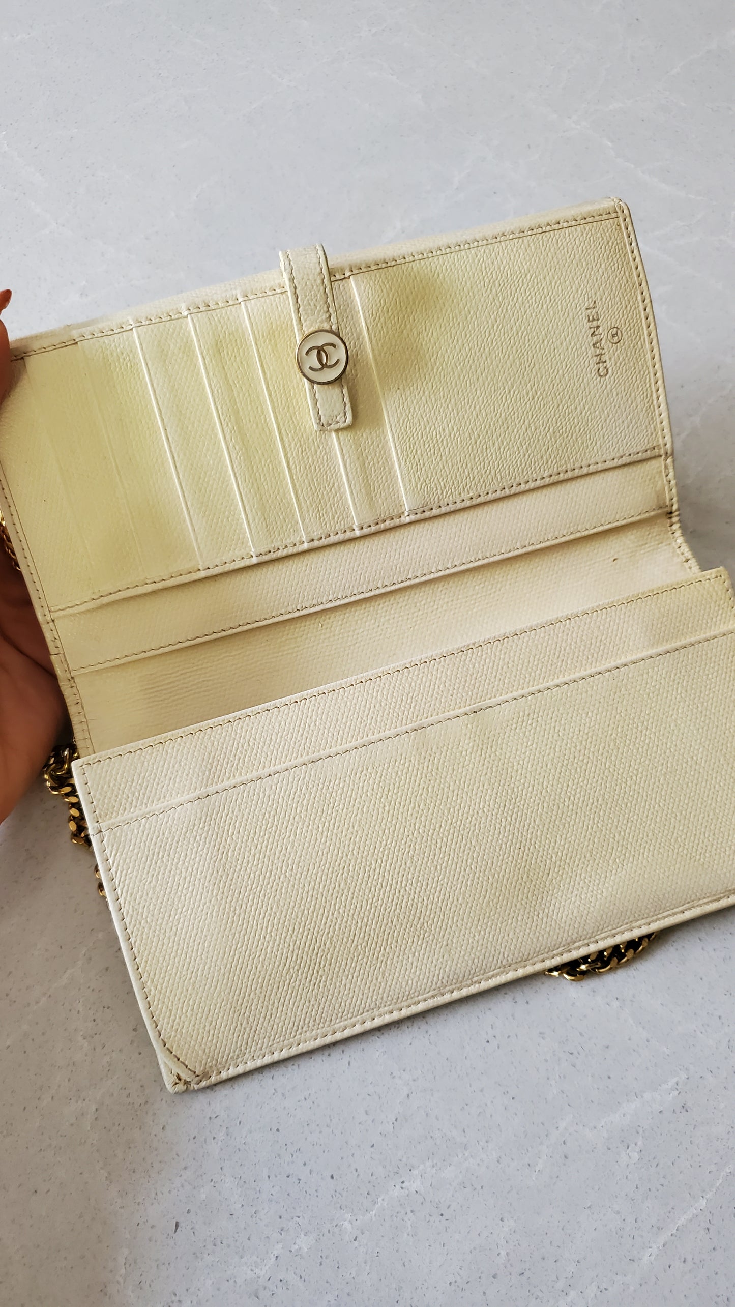 Authentic Vintage Chanel Upcycle Cream Caviar Wallet on Strap