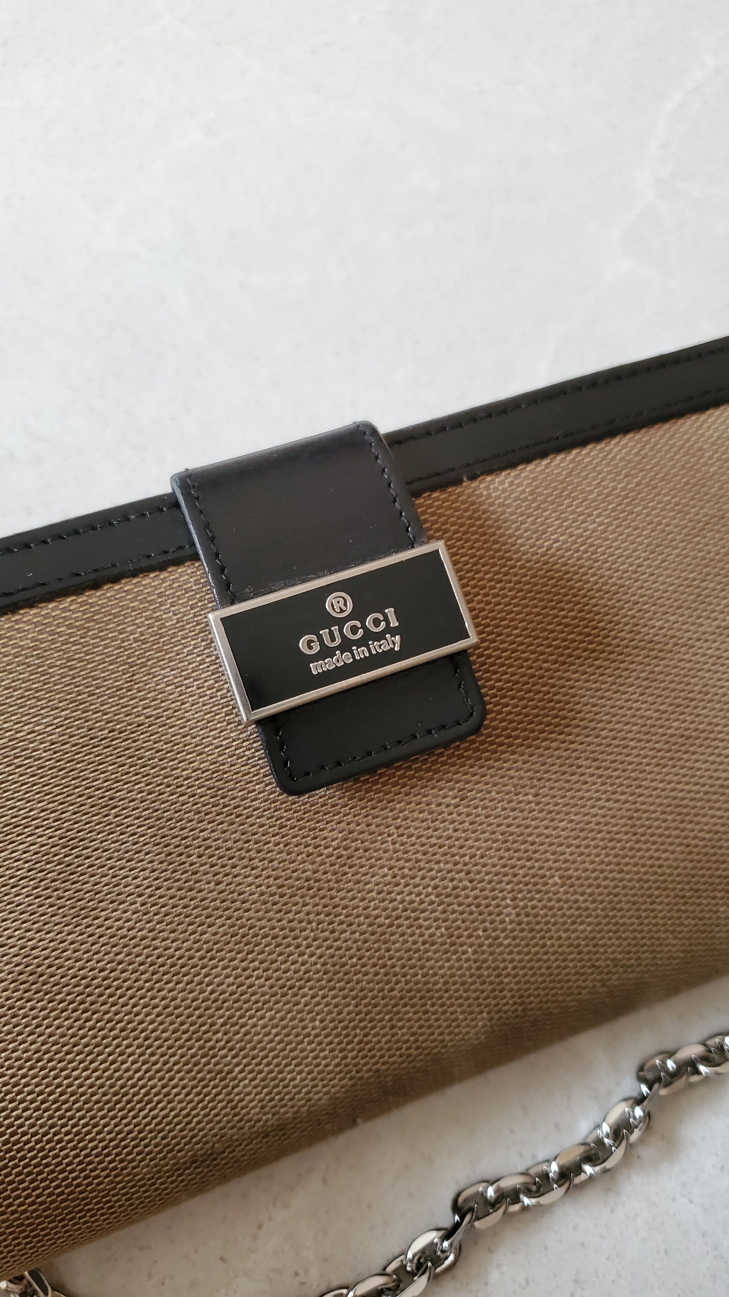 Authentic Gucci Upcycle Black/ Fabric Canvas Long Wallet on Strap & Chain