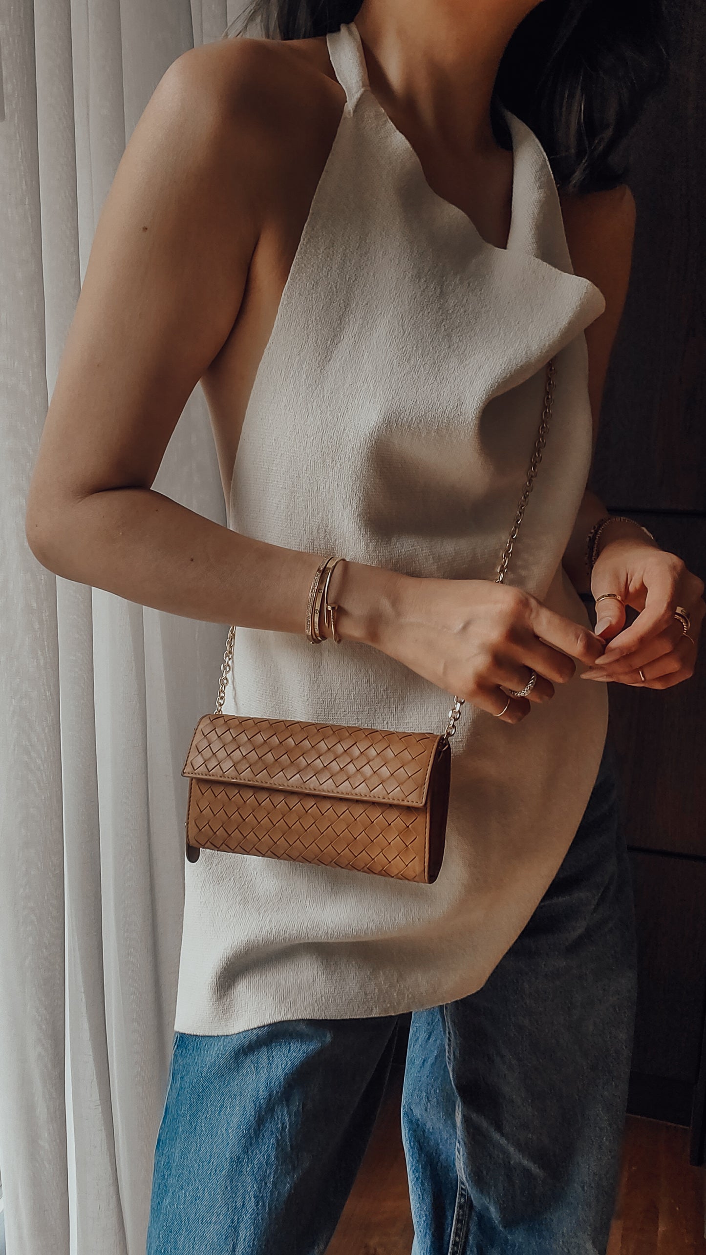 Authentic Bottega Veneta Upcycle Long Tan Leather Wallet on Chains
