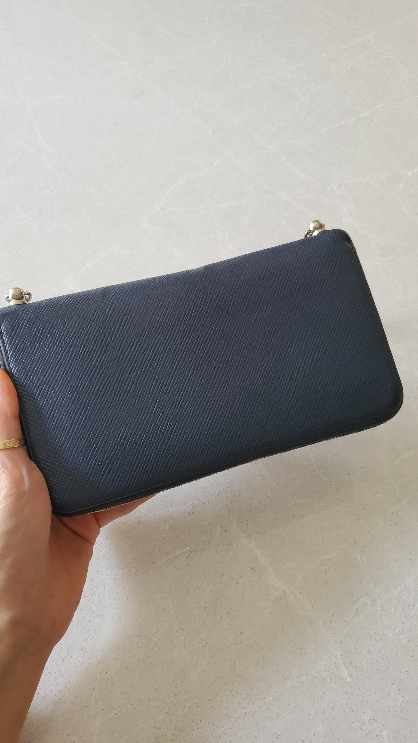 Authentic Prada Upcycle Dark Navy Large Zip-Up Wallet on Chain