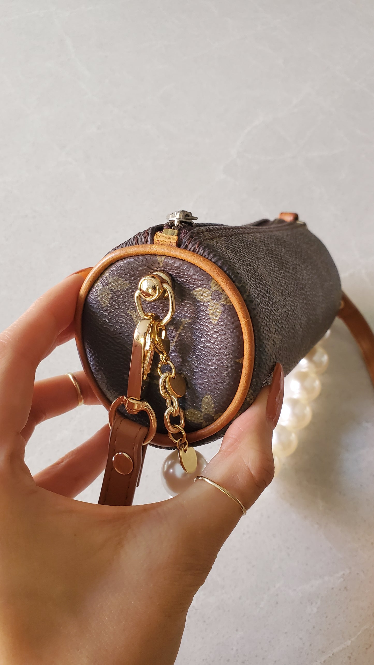 Authentic Vintage Louis Vuitton Upcycle Round Brown Monogram Pouch on Chain & Strap