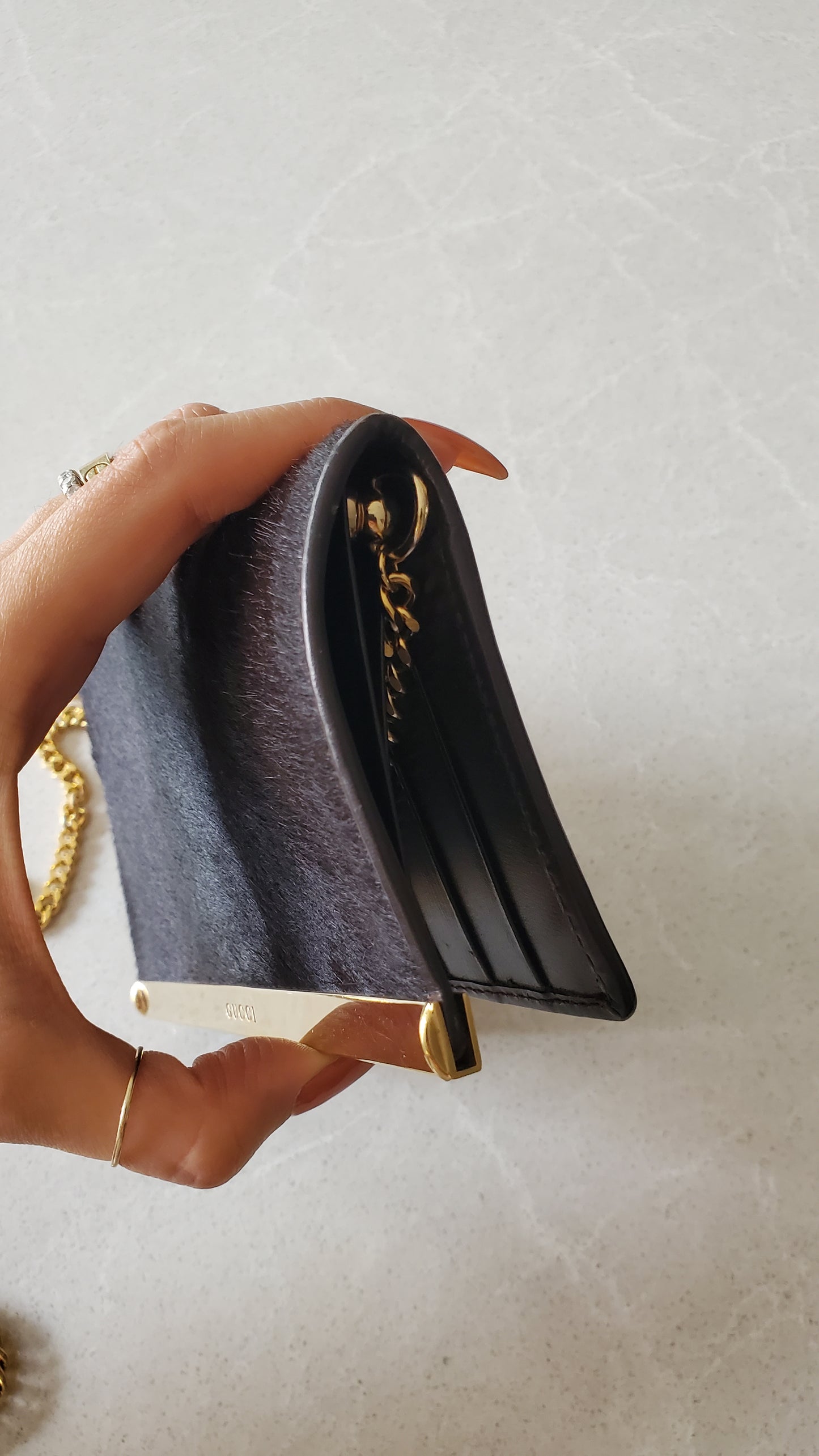 Authentic Unique Vintage Gucci Upcycle Versatile Black Furry Flap Wallet on Chain