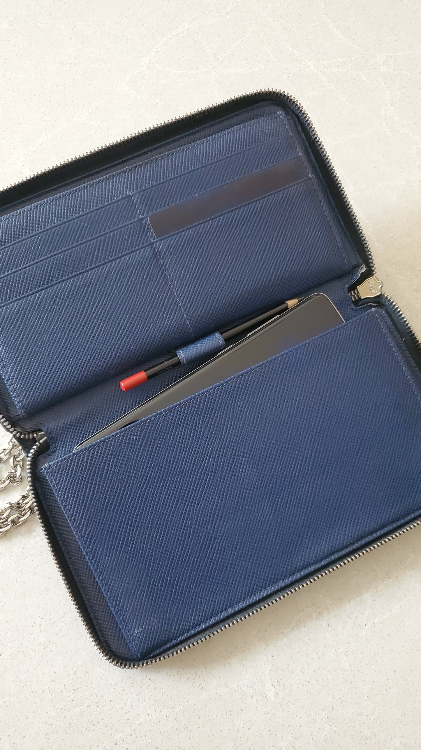Authentic Prada Upcycle Dark Navy Large Zip-Up Wallet on Chain