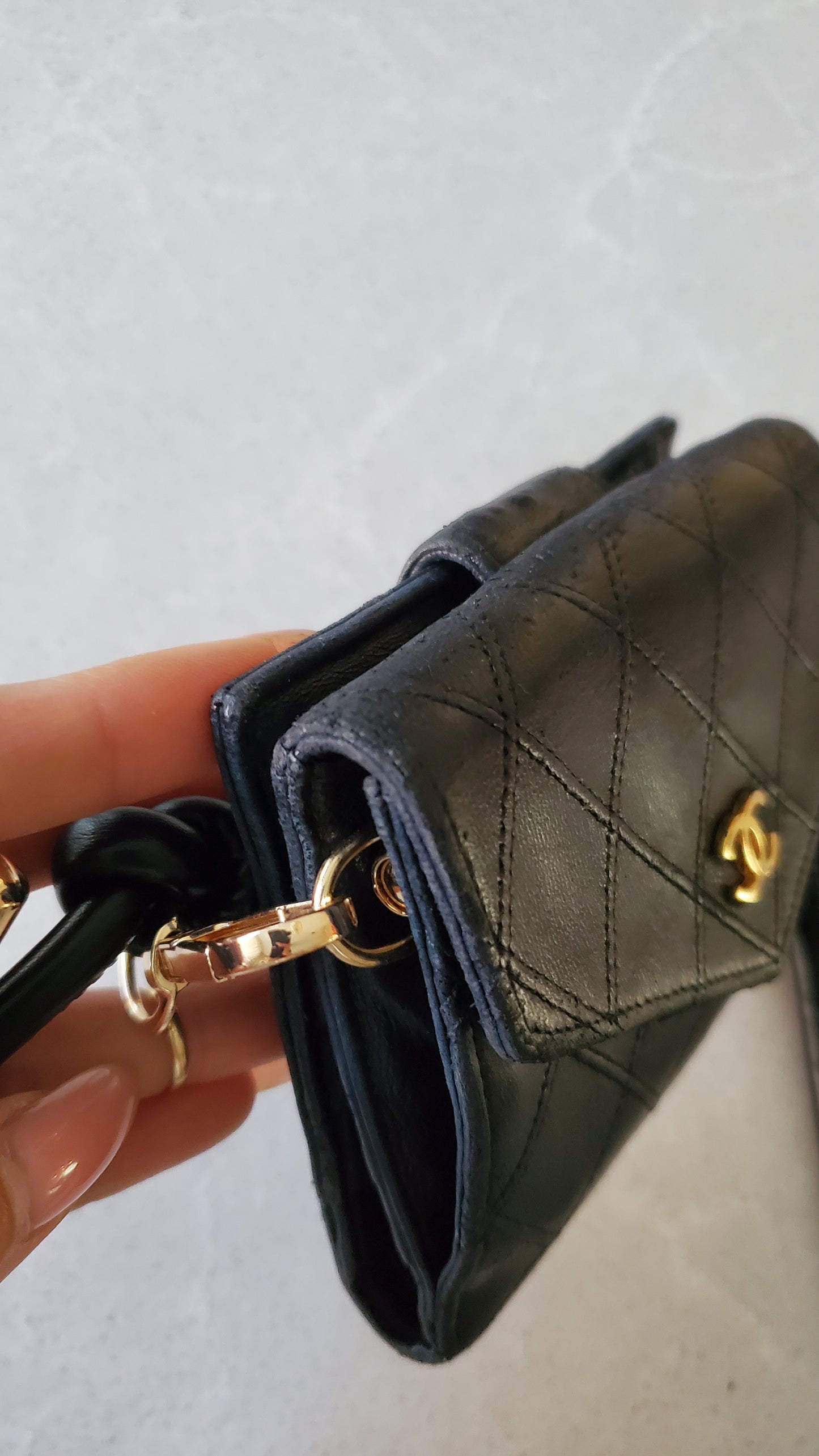 Authentic Chanel Upcycle Black Lambskin Small Wallet on Strap