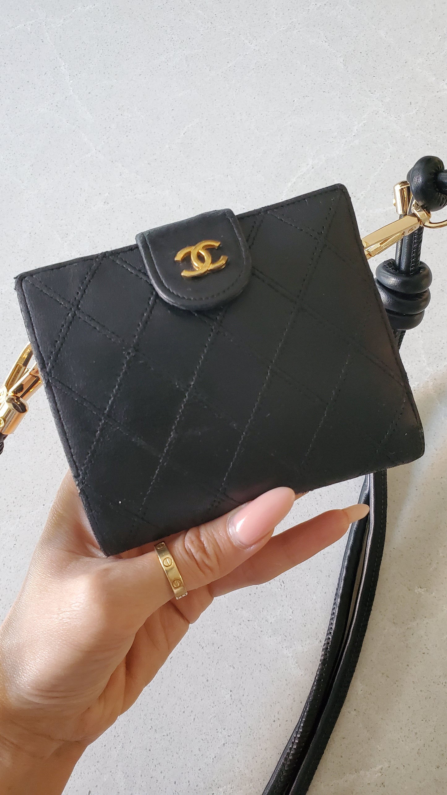 Authentic Chanel Upcycle Black Lambskin Small Wallet on Strap
