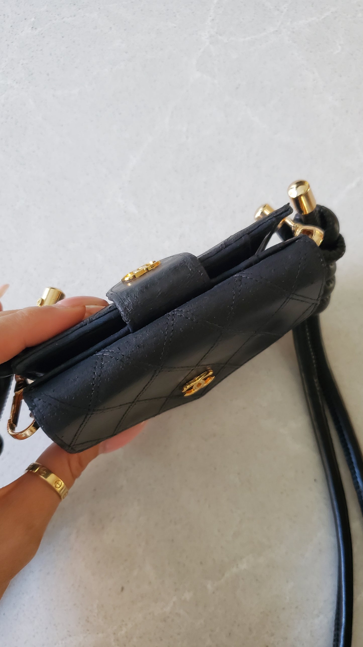 Authentic Chanel Upcycle Black Lambskin Small Wallet on Strap