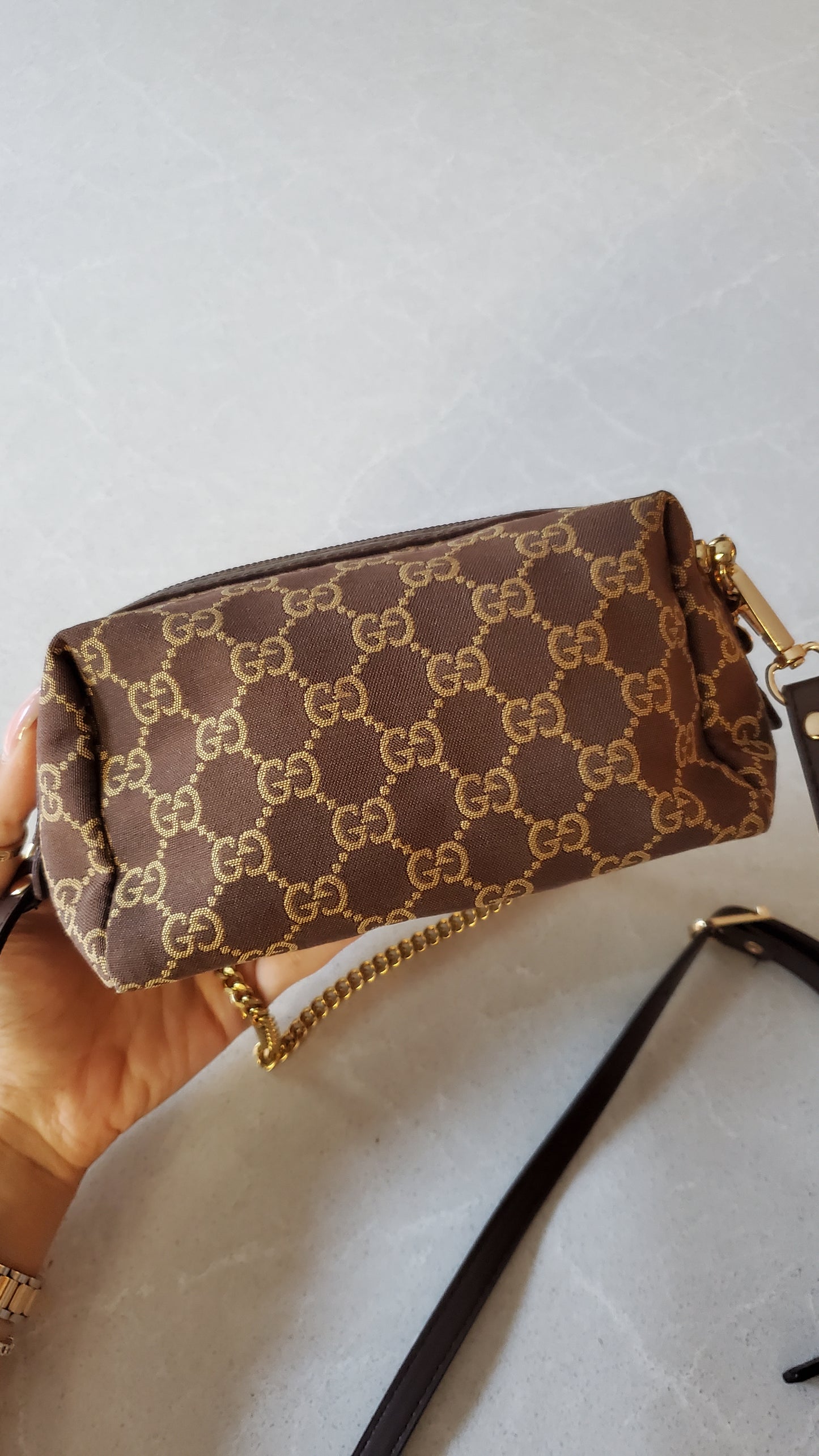 Authentic Vintage Gucci Upcycle Brown Fabric Pouch on Chain & Strap