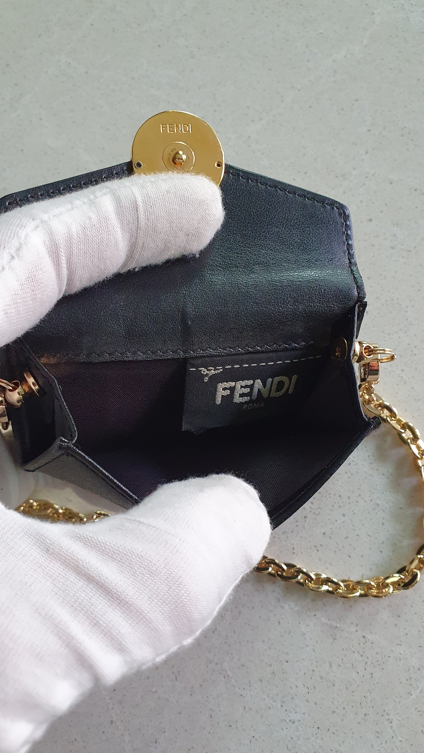 Authentic Fendi Upcycle Black Leather Mini Wallet with Chain