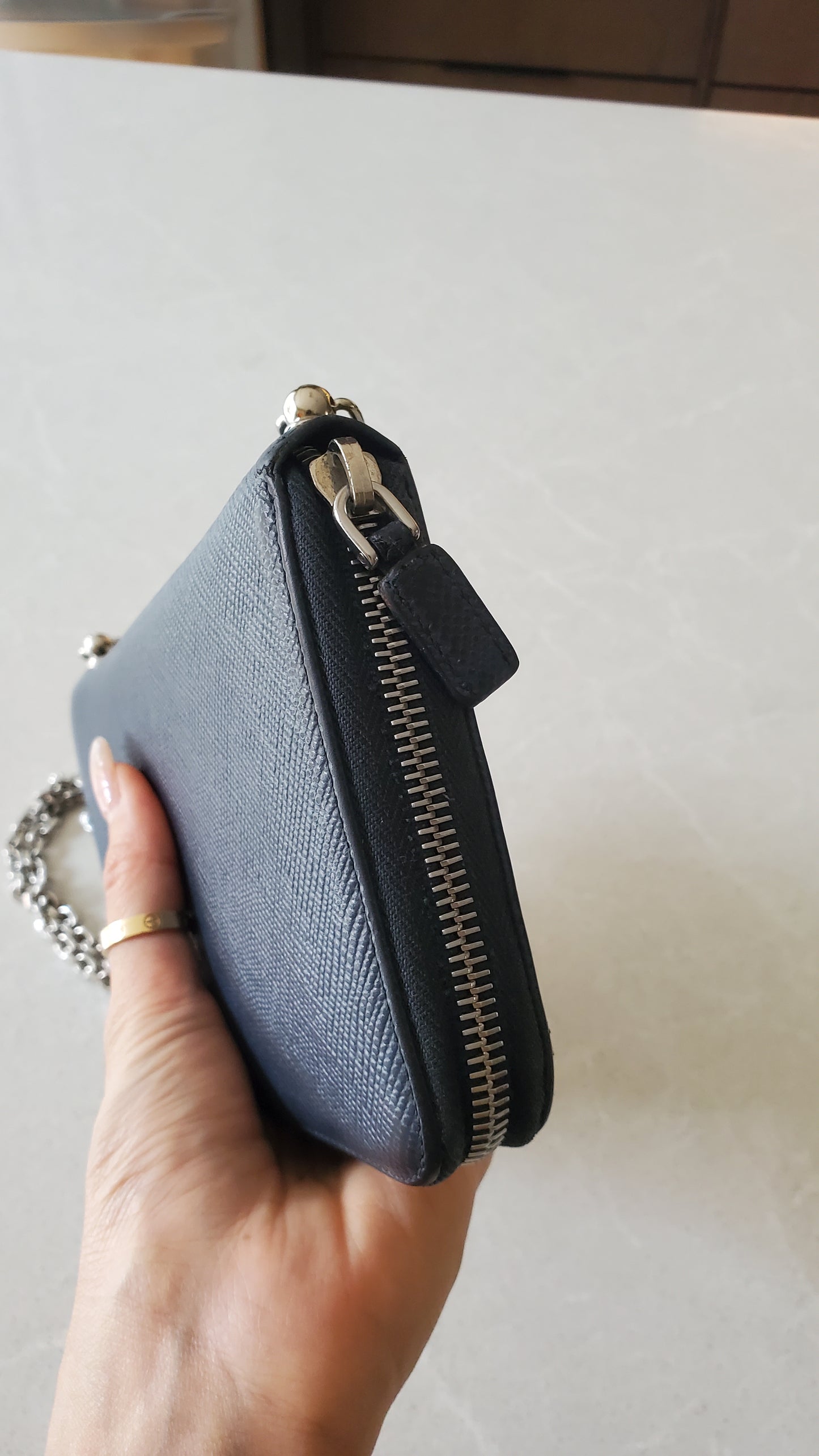 Authentic Prada Upcycle Dark Navy Large Zip-Up Wallet on Chain